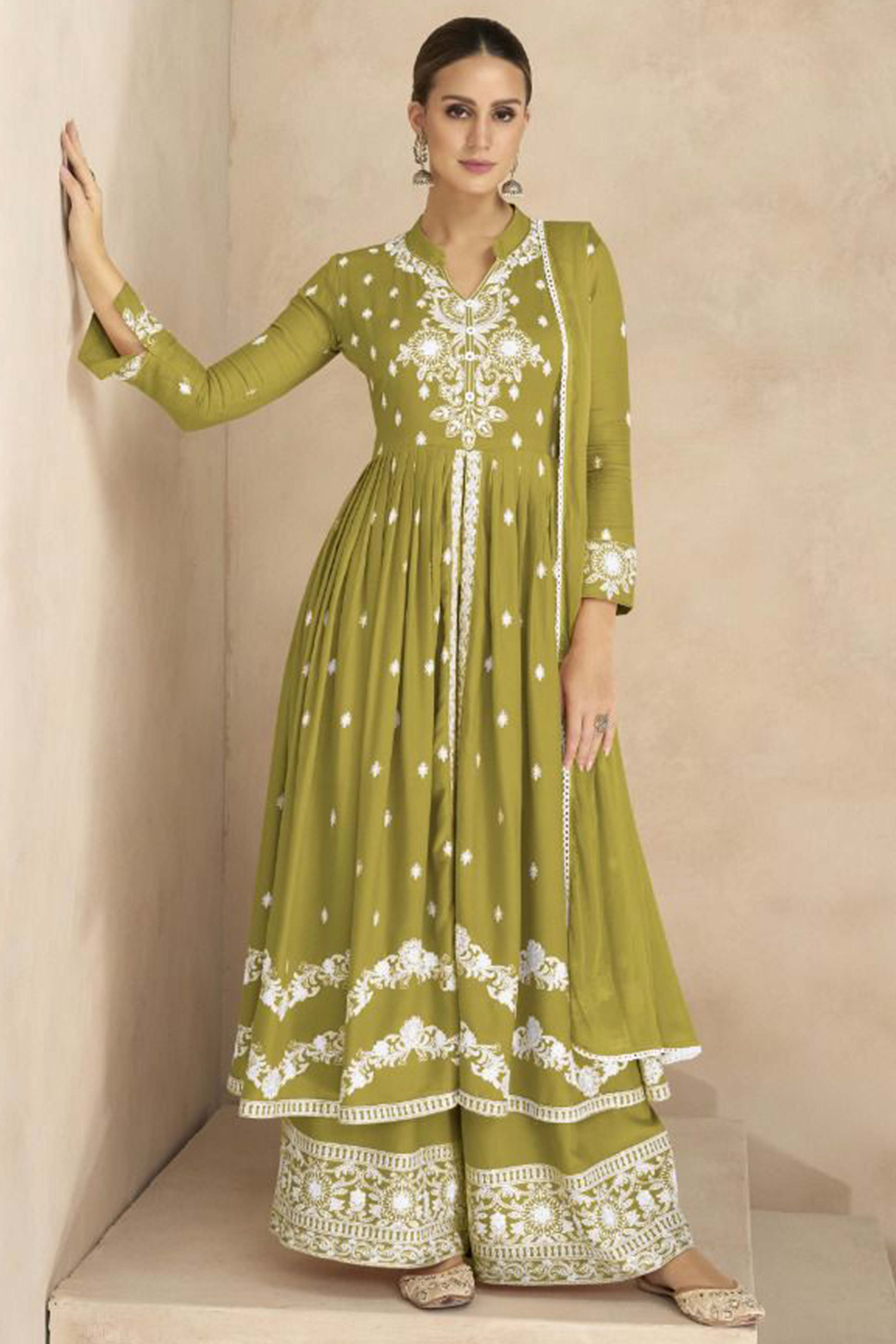 Light Green Floral Embroidered Rayon Palazzo Suit