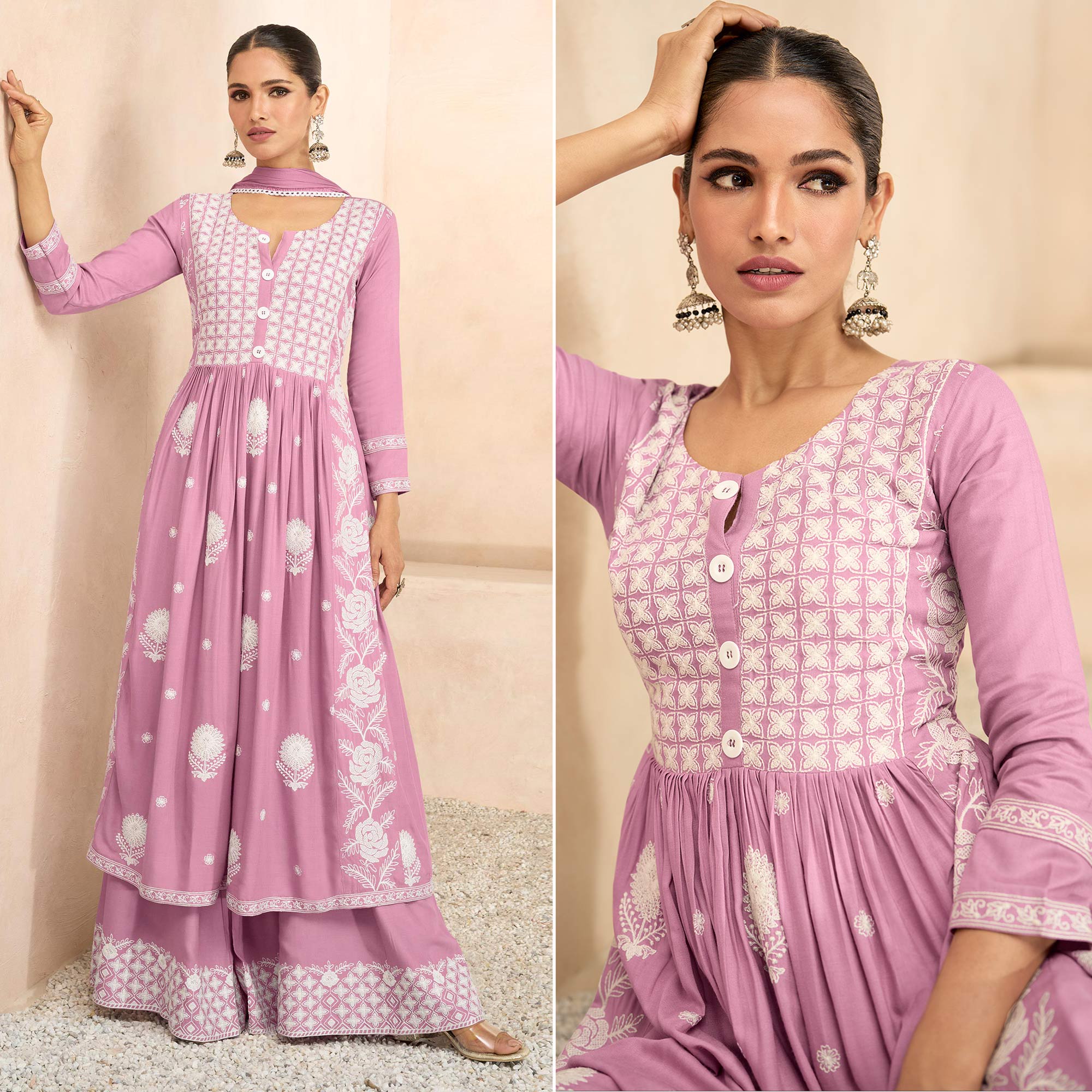 Pink Floral Embroidered Rayon Palazzo Suit