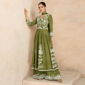 Mehendi Green Floral Embroidered Rayon Palazzo Suit