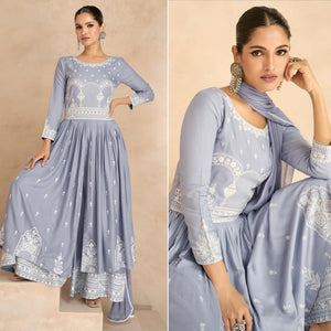 Light Purple Floral Embroidered Rayon Palazzo Suit