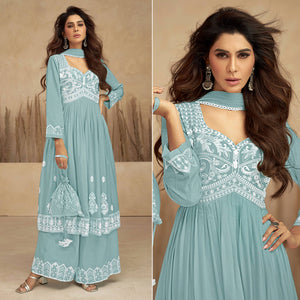 Blue Floral Embroidered Rayon Suit