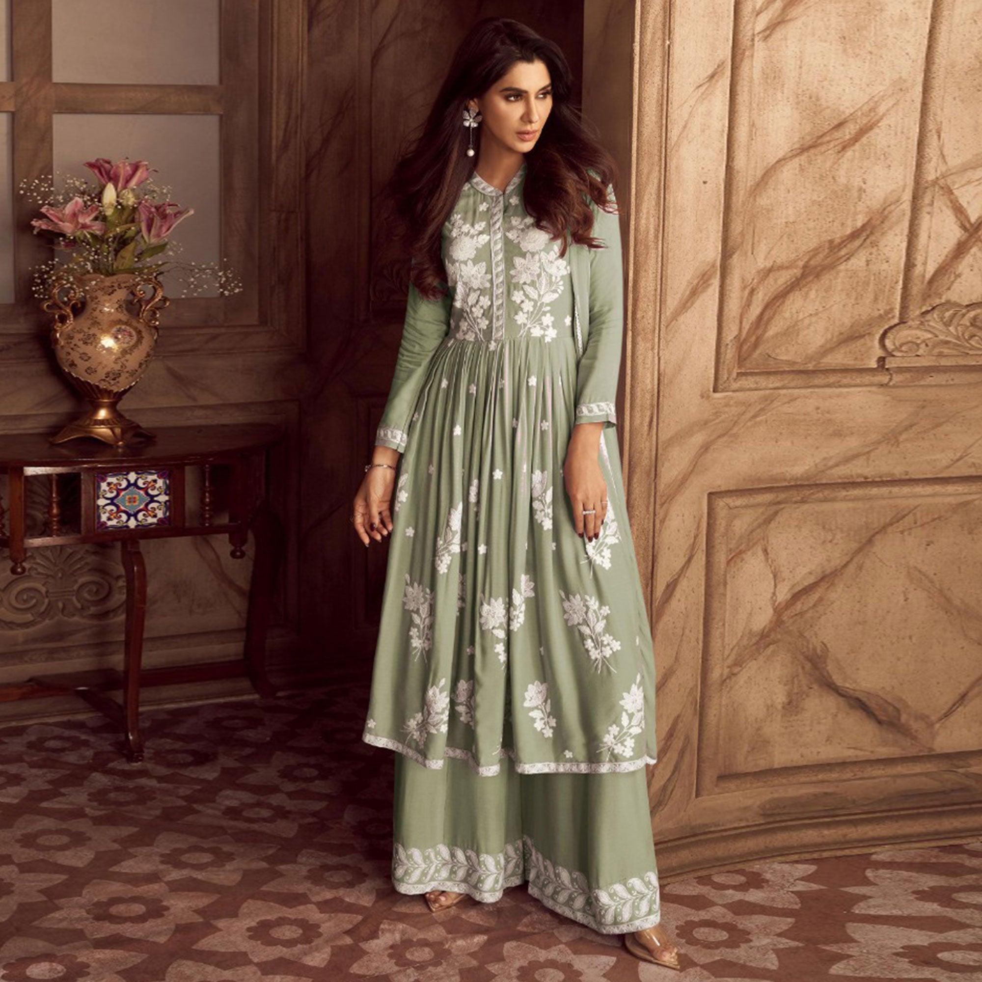 Light Green Lucknowi Embroidered Rayon Palazzo Suit