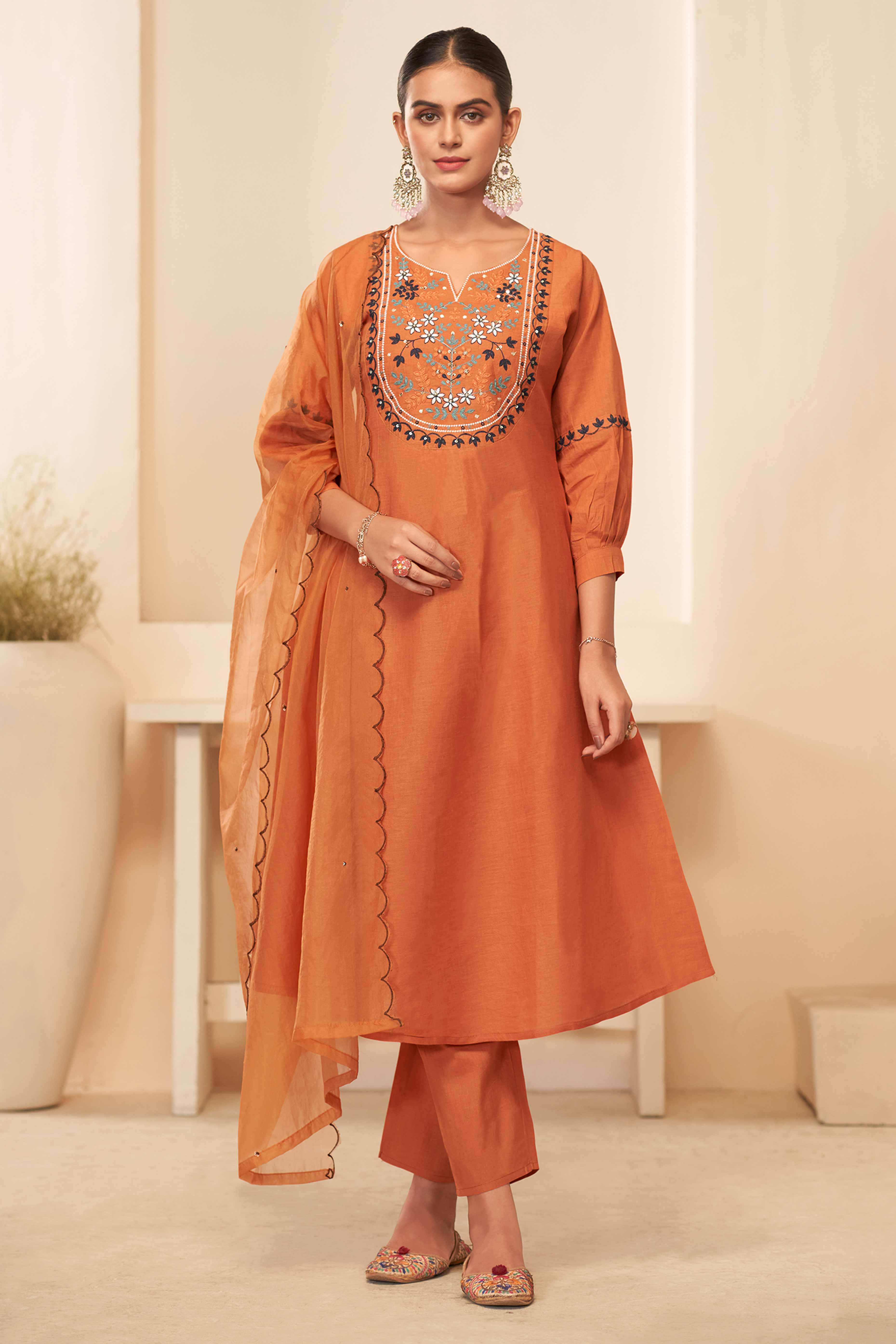 Burnt Orange Cambric Cotton Suit with Delicate Floral Embroidery