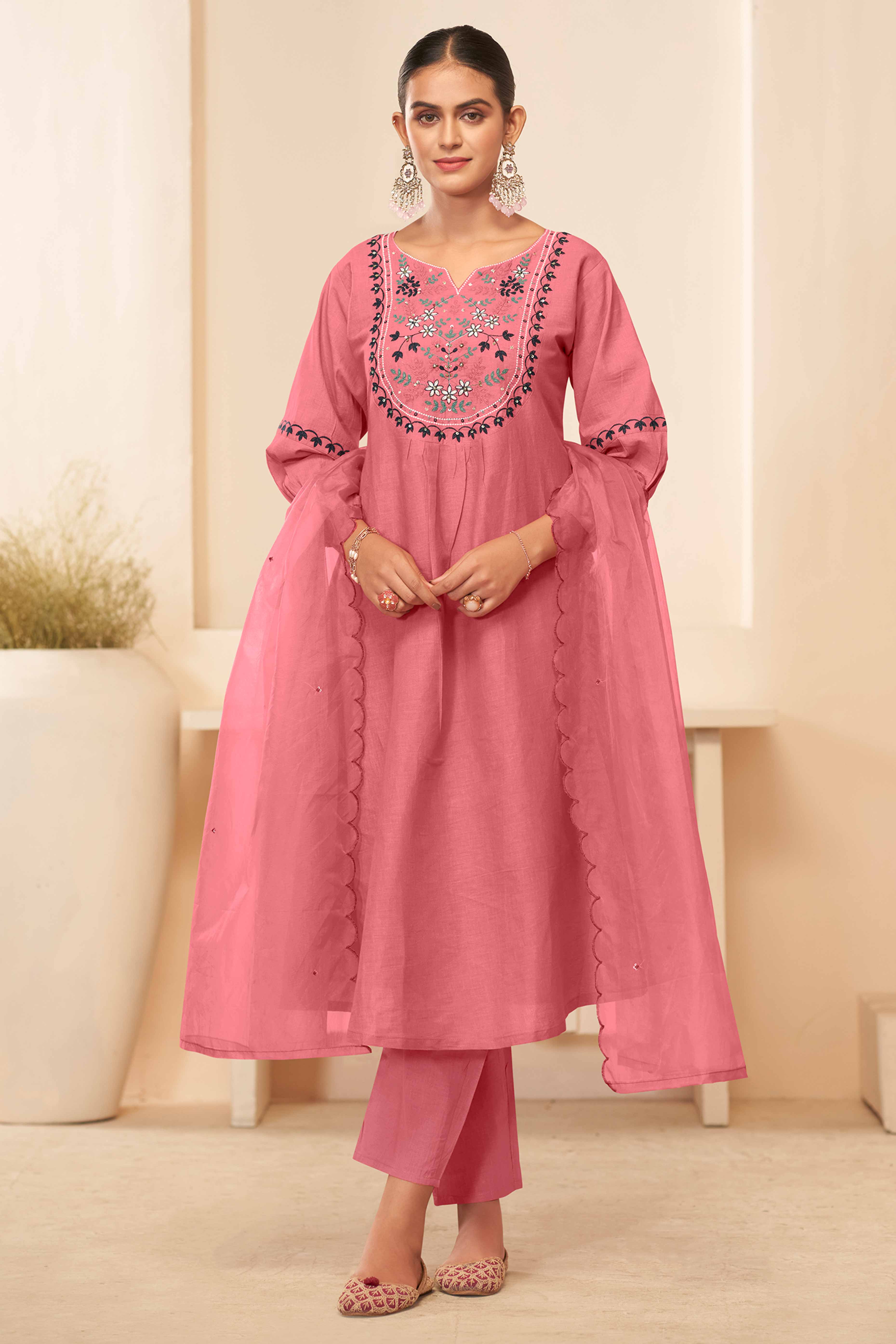 Dusty Rose Pink Cambric Cotton Suit with Delicate Floral Embroidery