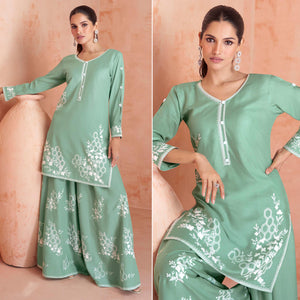 Green Floral Embroidered Rayon Kurti Palazzo Suit