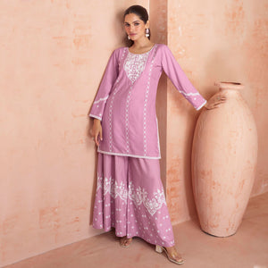 Pink Floral Embroidered Rayon Kurti Palazzo Suit