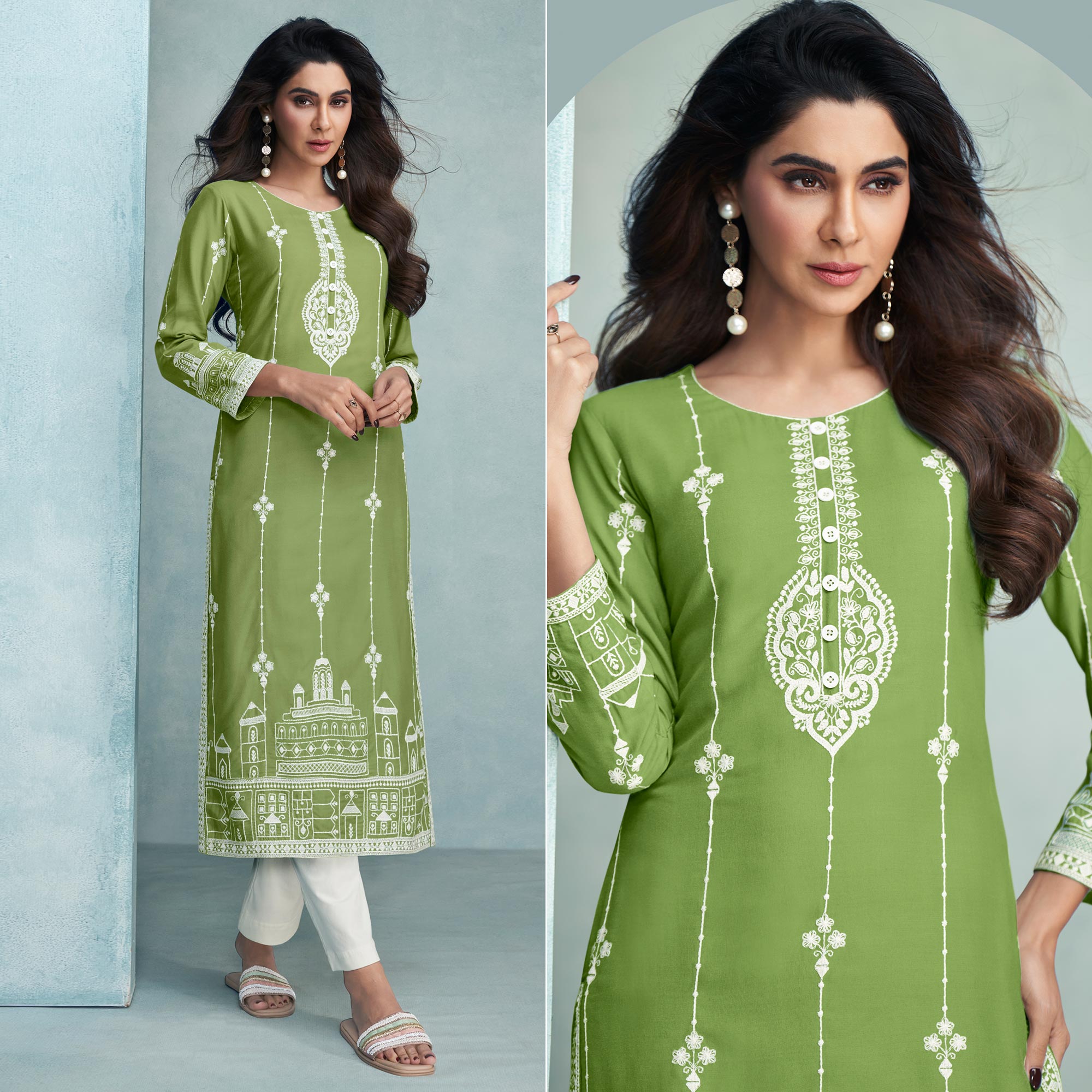 Green Lucknowi Embroidered Rayon Kurti