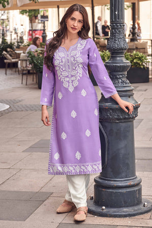 Festive Wear Lavender Kurti in Rayon with Lucknowi Detailing