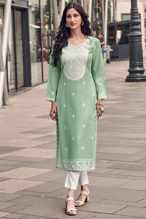Festive Wear Mint Green Kurti in Rayon with Lucknowi Detailing