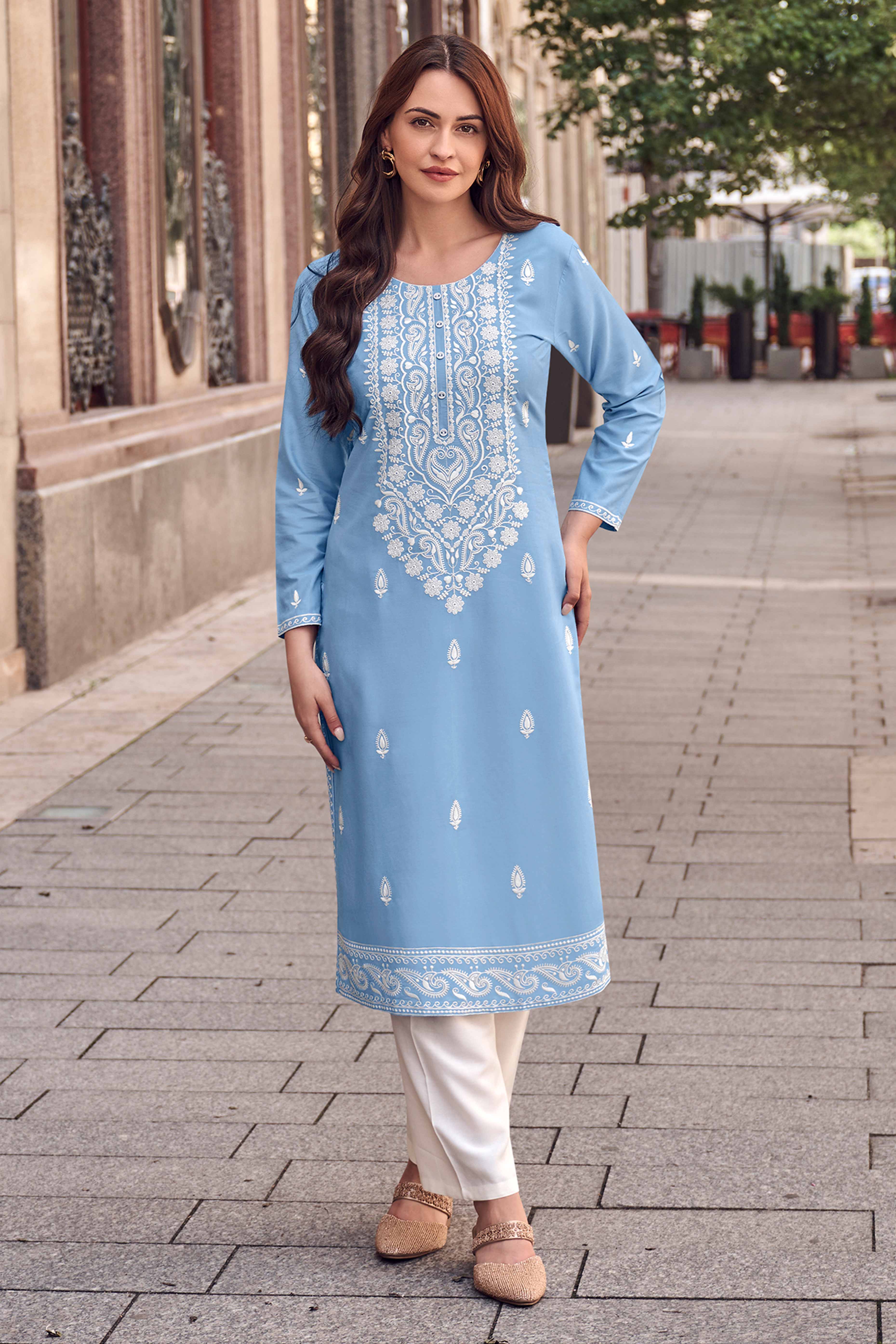 Festive Wear Sky Blue Kurti in Rayon with Lucknowi Detailing