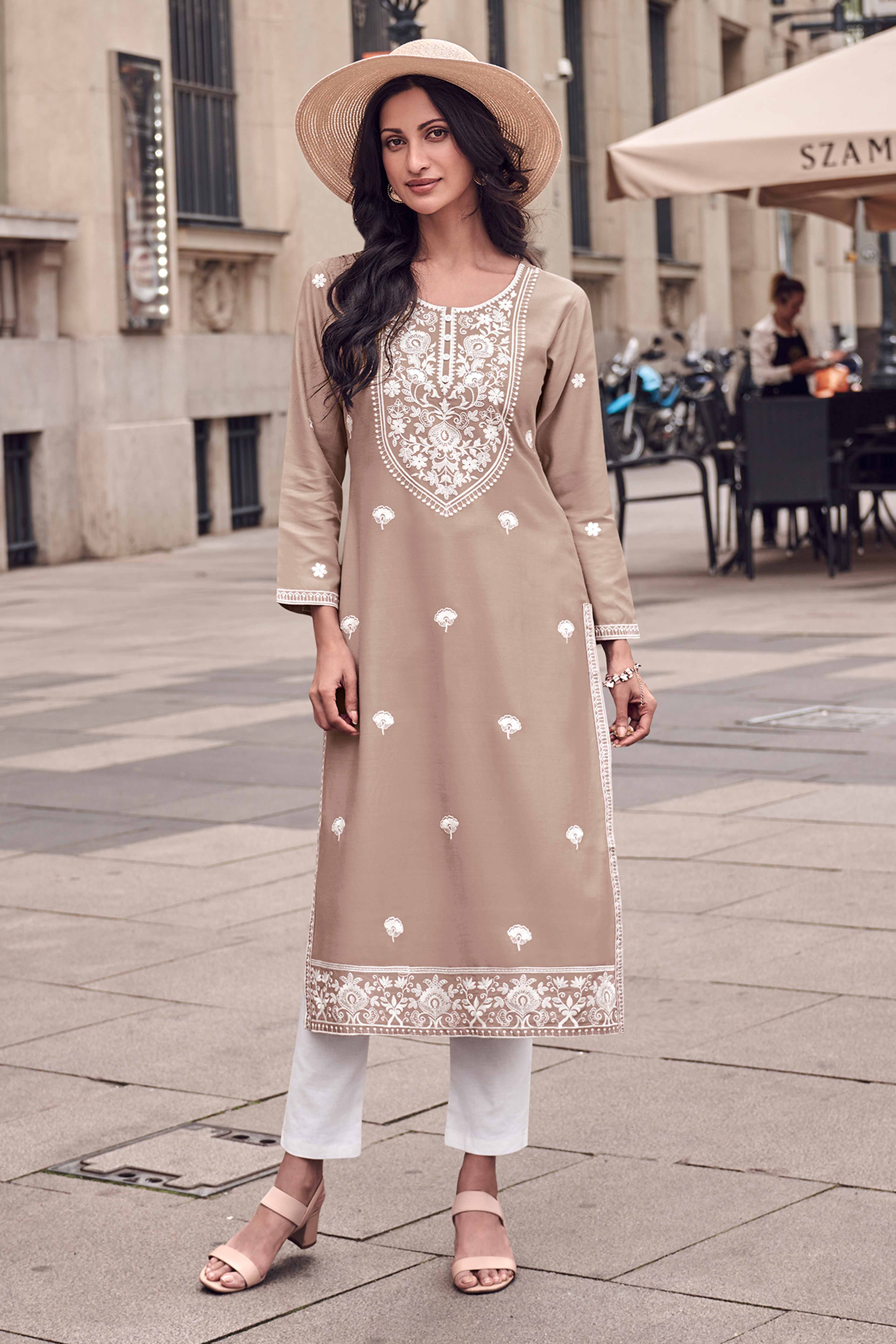 Festive Wear Brown Kurti in Rayon with Lucknowi Detailing