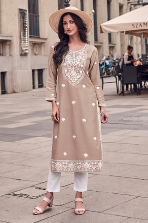 Festive Wear Brown Kurti in Rayon with Lucknowi Detailing