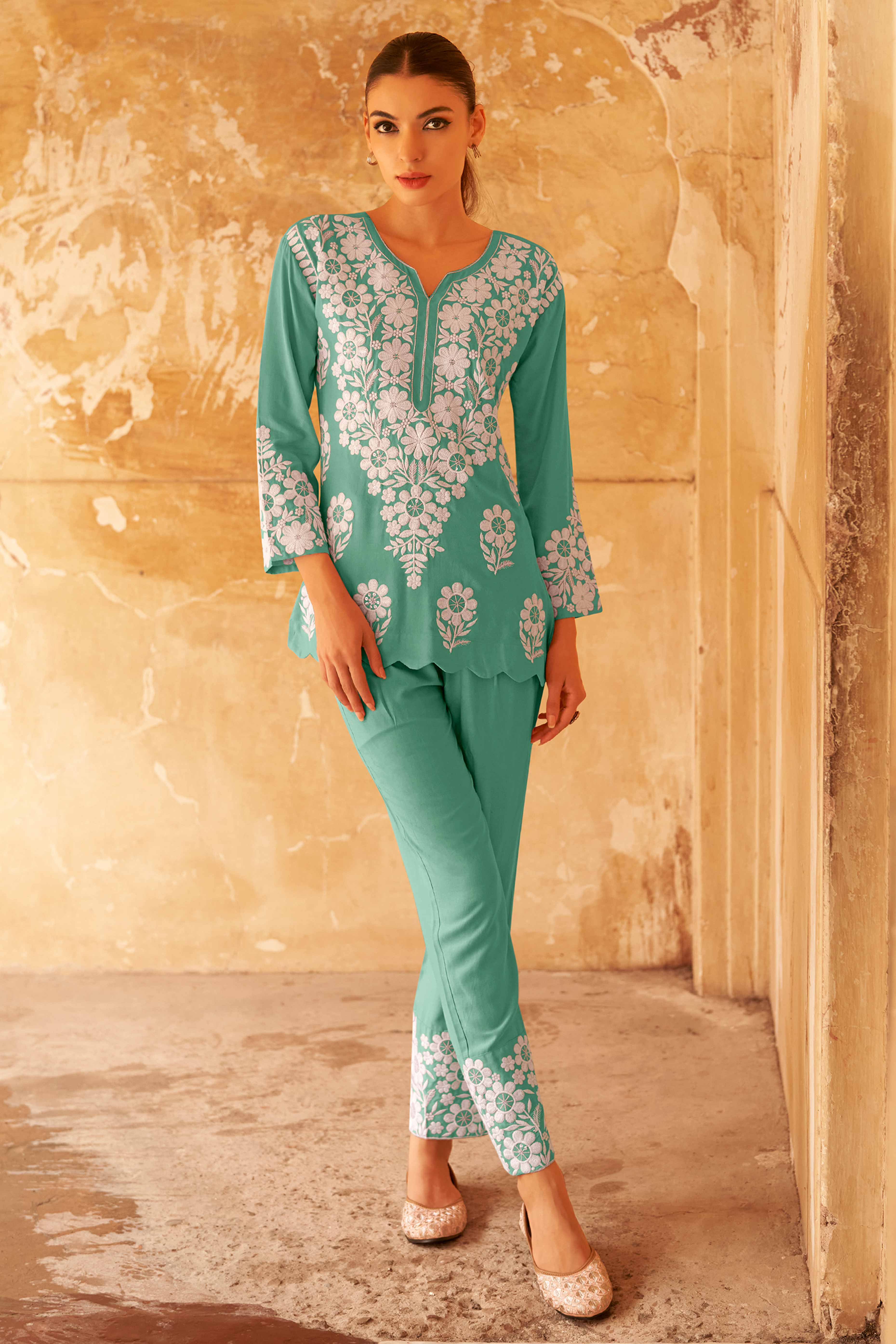 Floral Embroidered Rama Green Rayon Co-Ord Set for Casual Wear