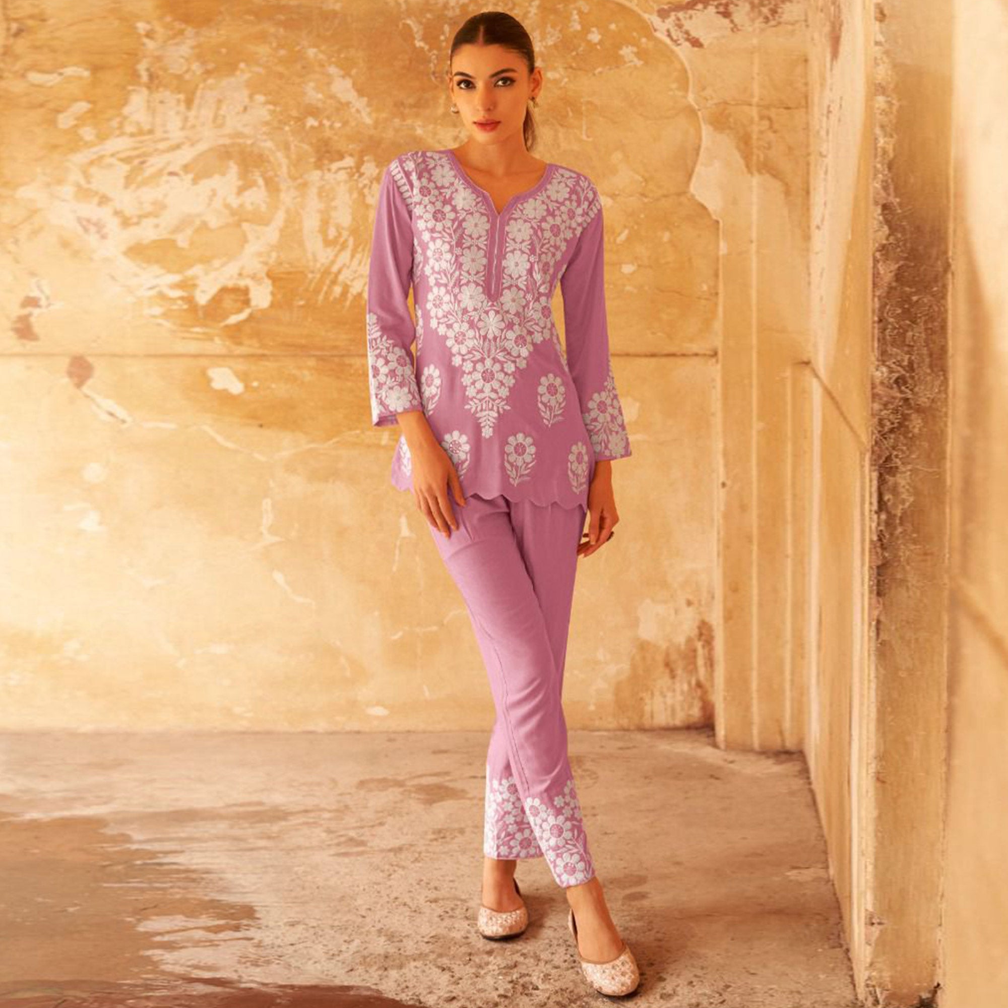 Pink Floral Embroidered Rayon Co Ord Set