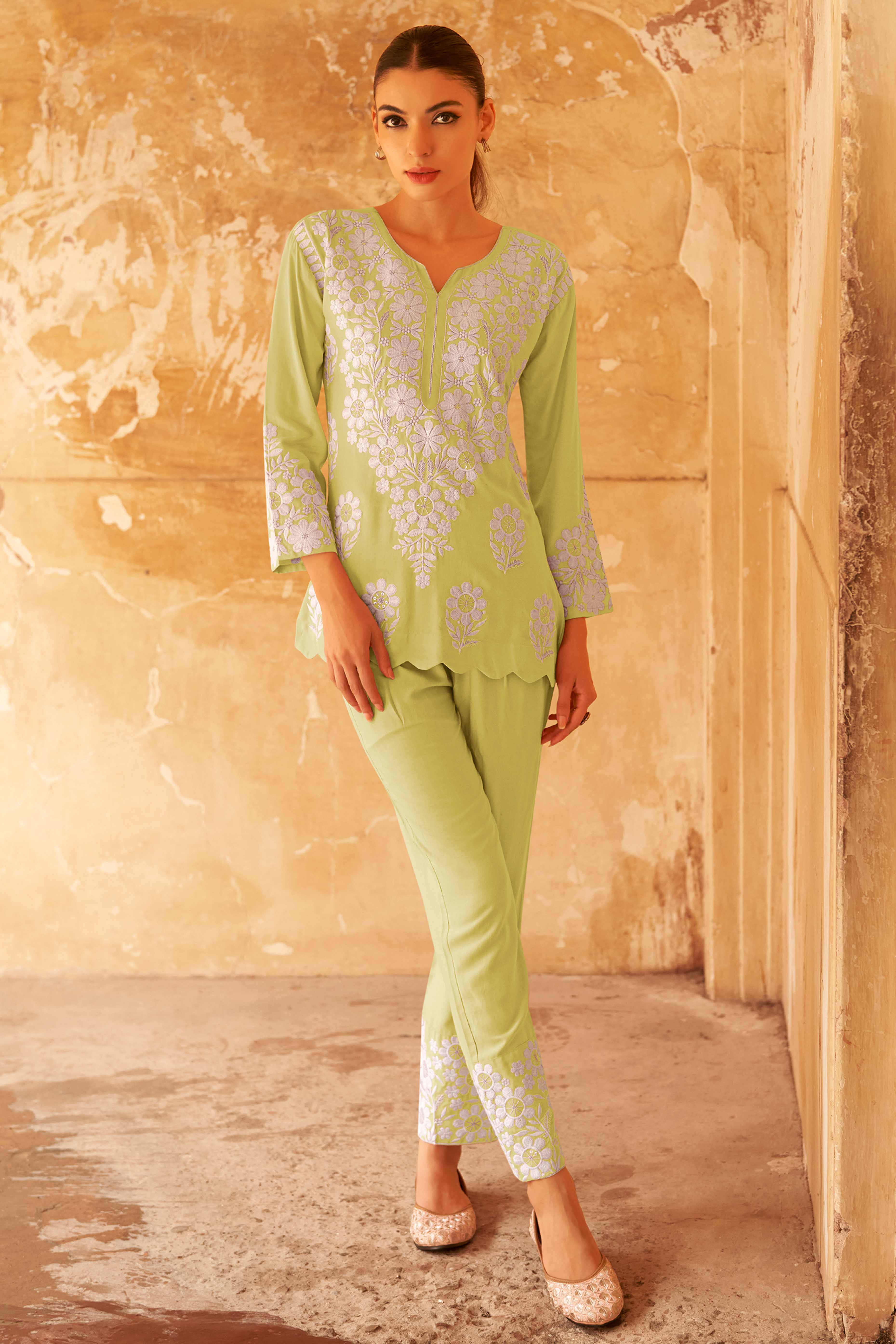 Floral Embroidered Lime Green Rayon Co-Ord Set for Casual Wear