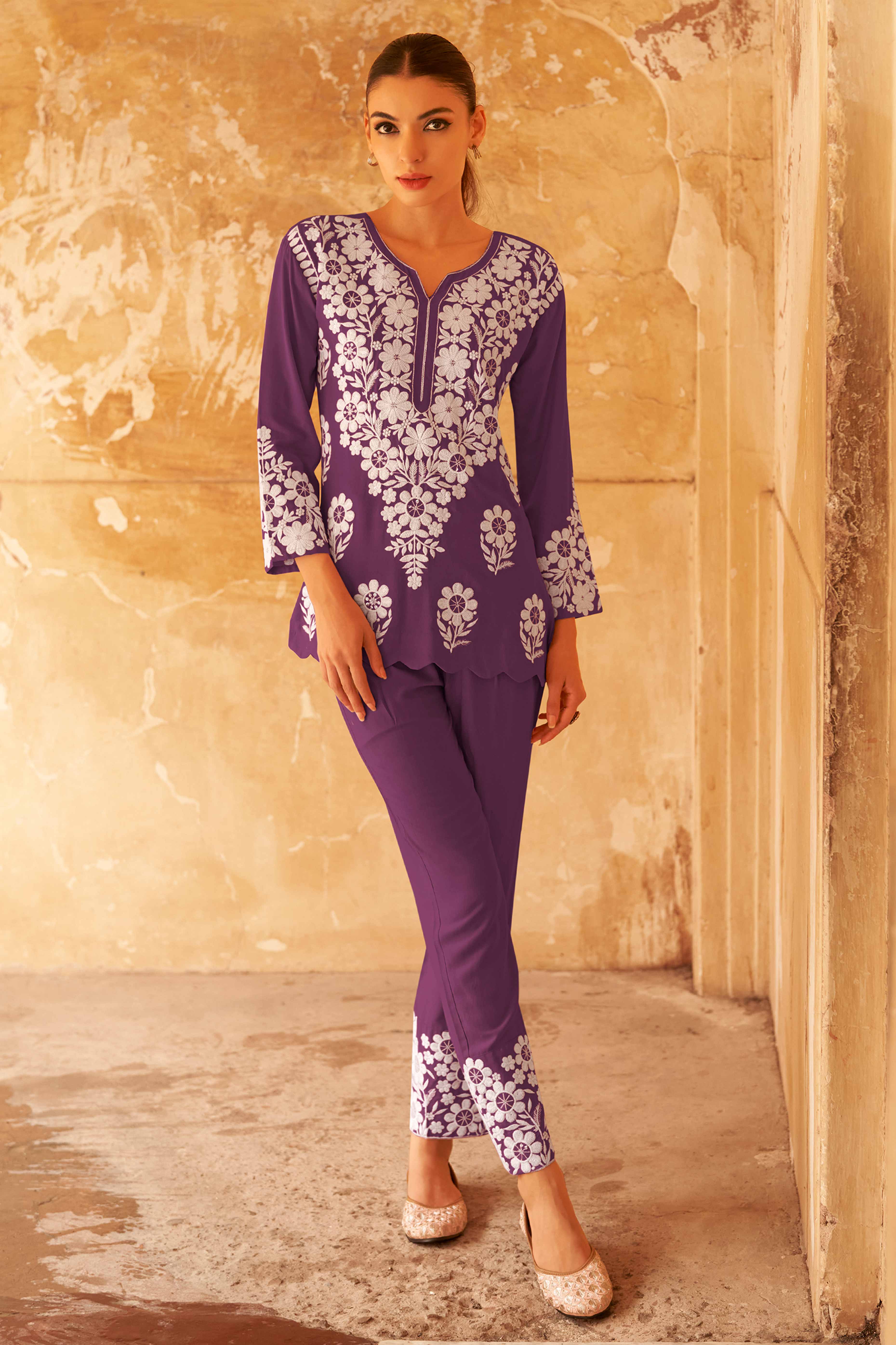 Purple Floral Embroidered Matching Set in Soft Rayon Fabric