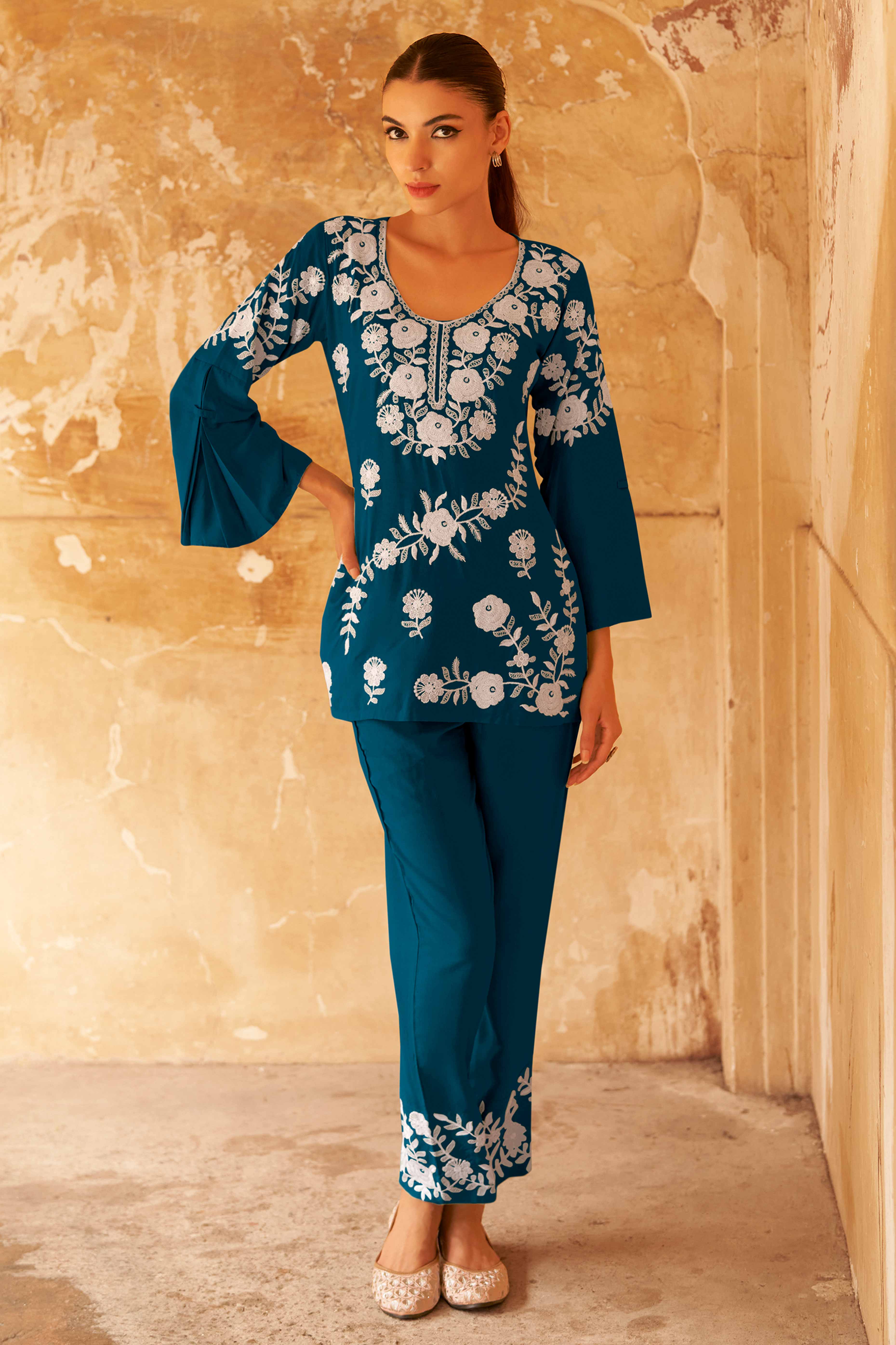 Teal Co-Ord Set in Rayon with Delicate Floral Embroidery