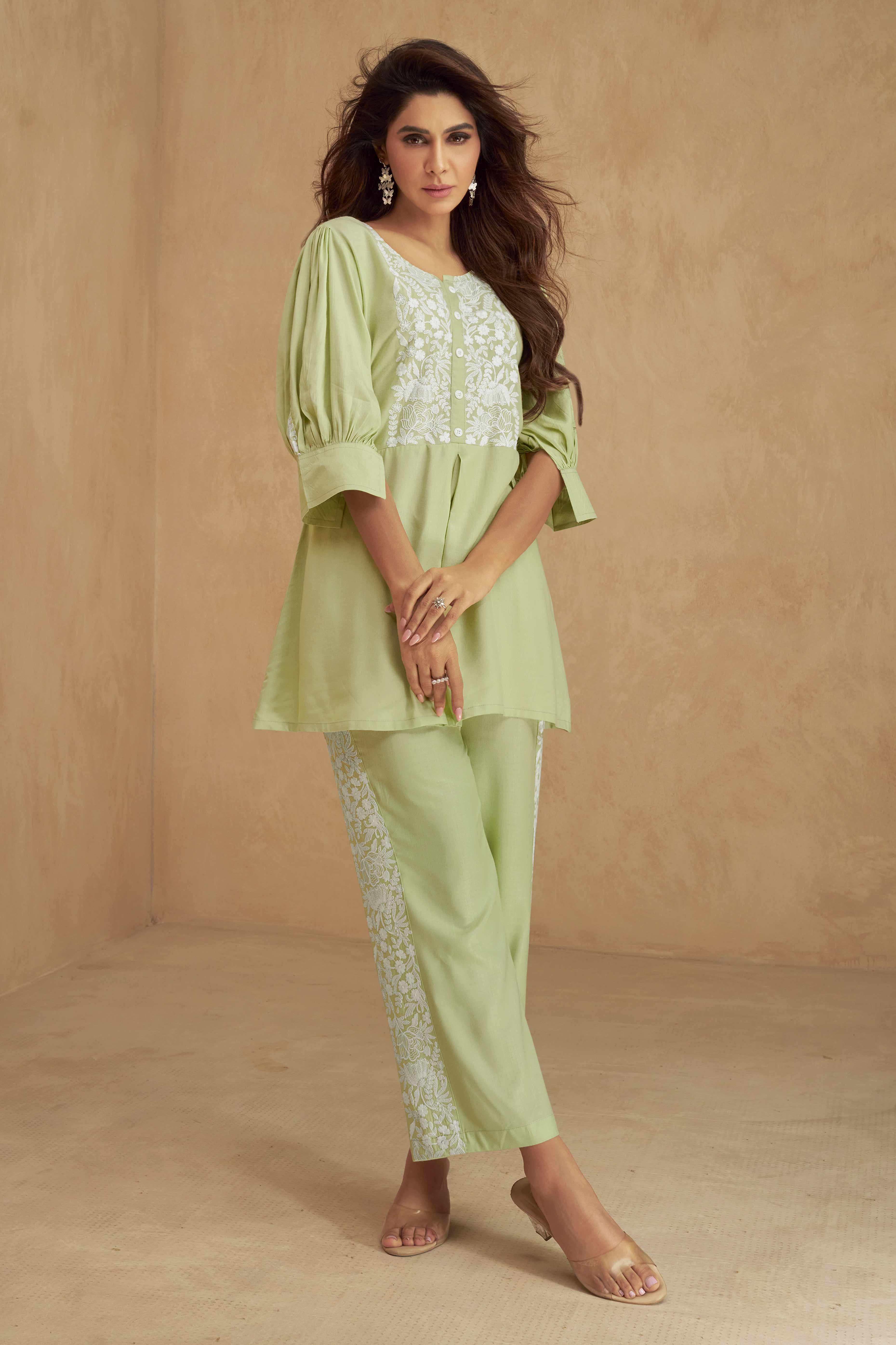 Floral Embroidered Light Green Rayon Co-Ord Set for Effortless Style
