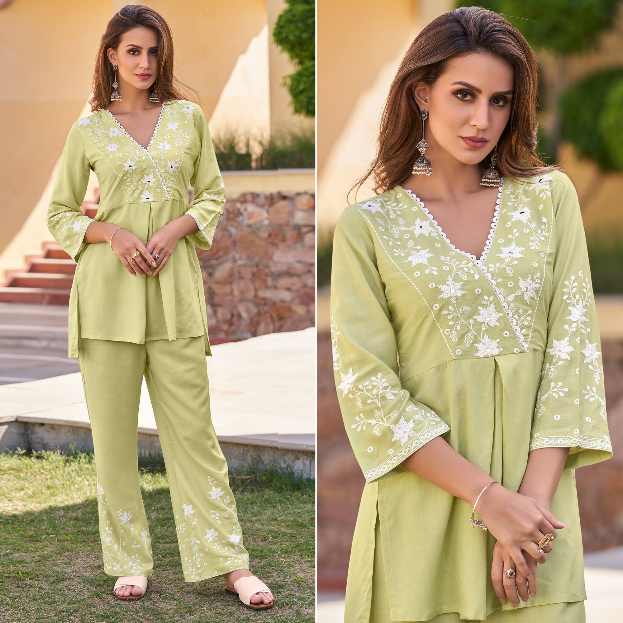 Pista Green Floral Embroidered Rayon Co Ord Set