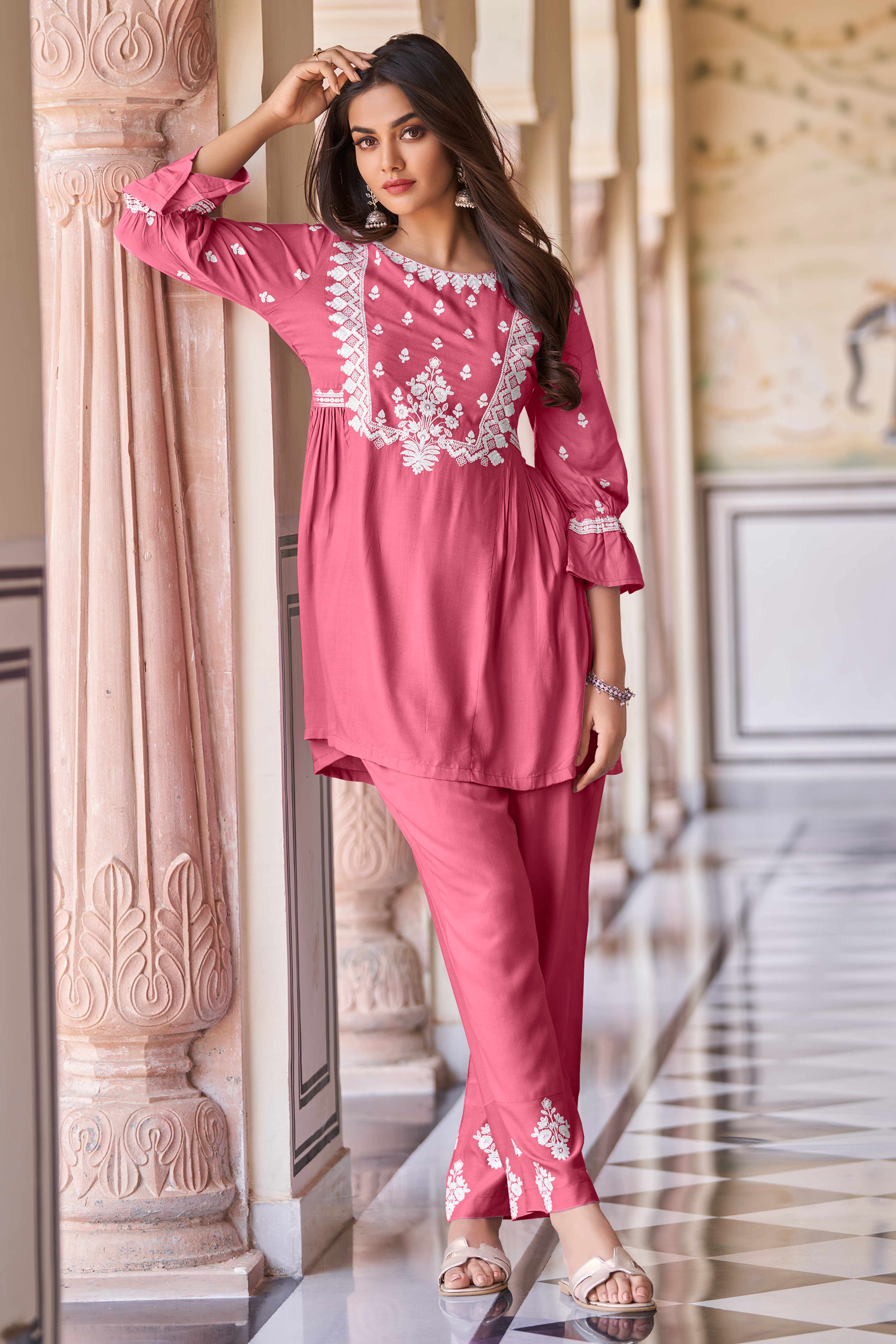 Gajri Pink Rayon Top-Bottom Co-Ord with Delicate Embroidery