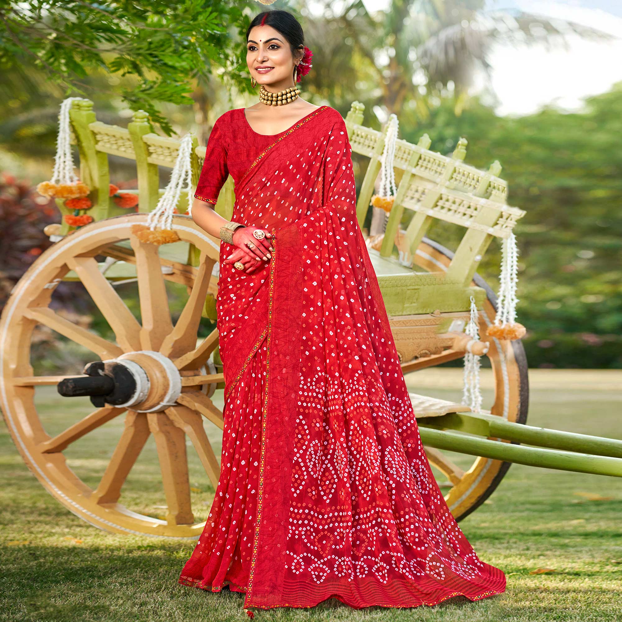 Red Bandhani Printed Georgette Saree