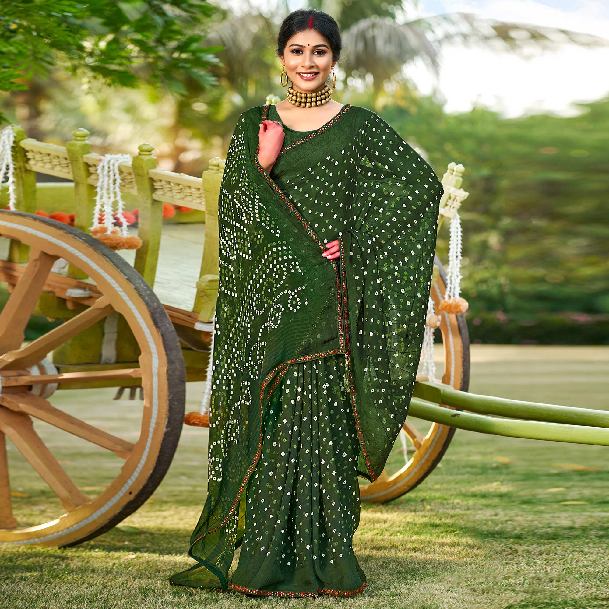 Green Bandhani Printed Georgette Saree
