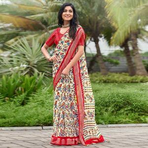 Cream & Red Floral Printed Chiffon Saree