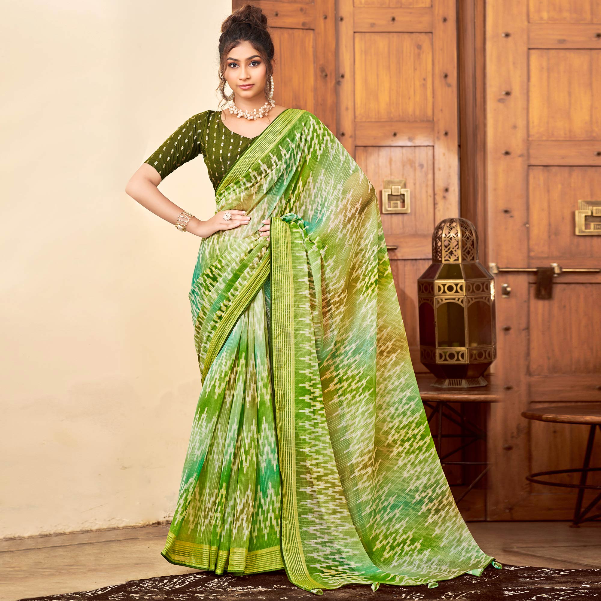 Green Ikkat Printed Chiffon Saree