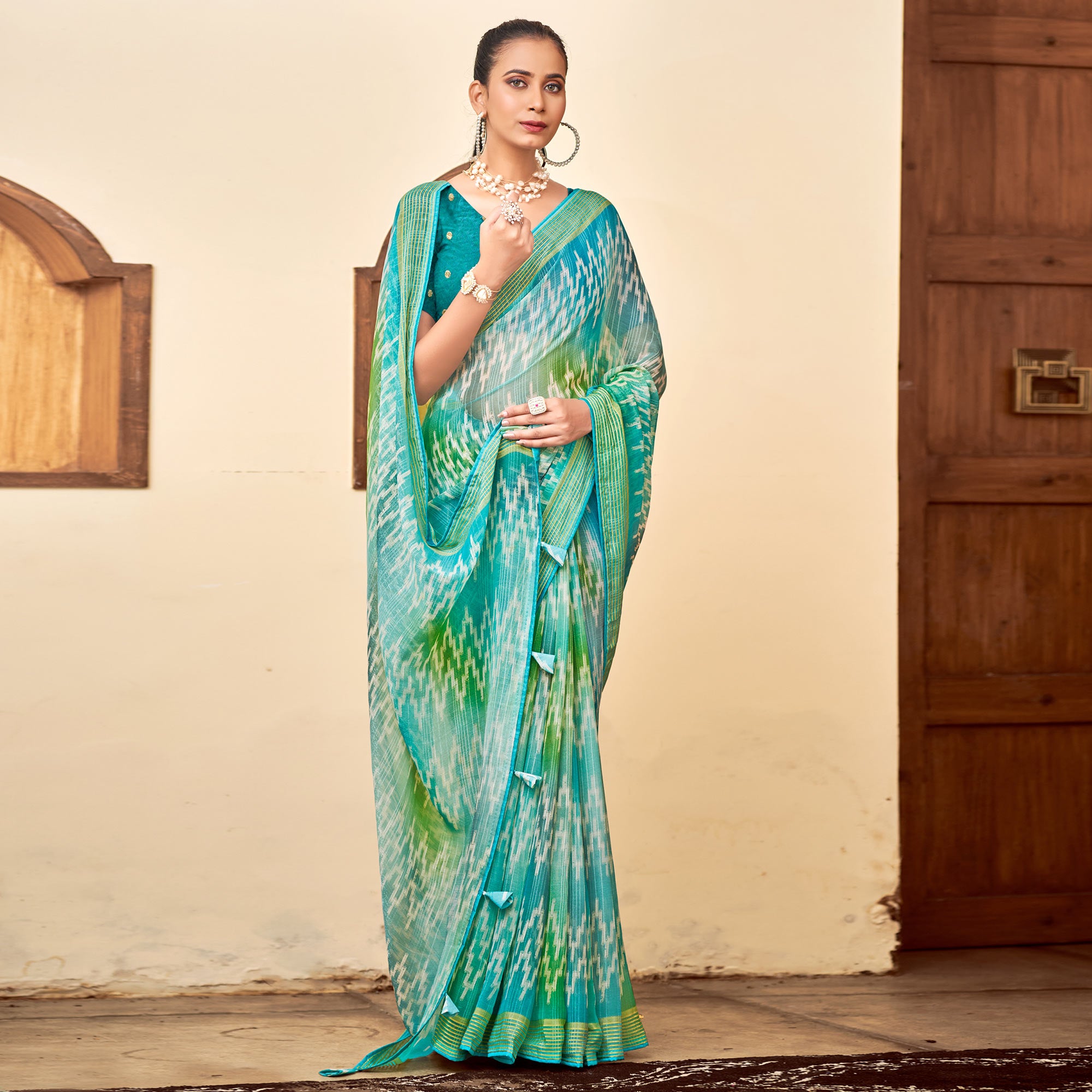 Blue & Green Ikkat Printed Chiffon Saree