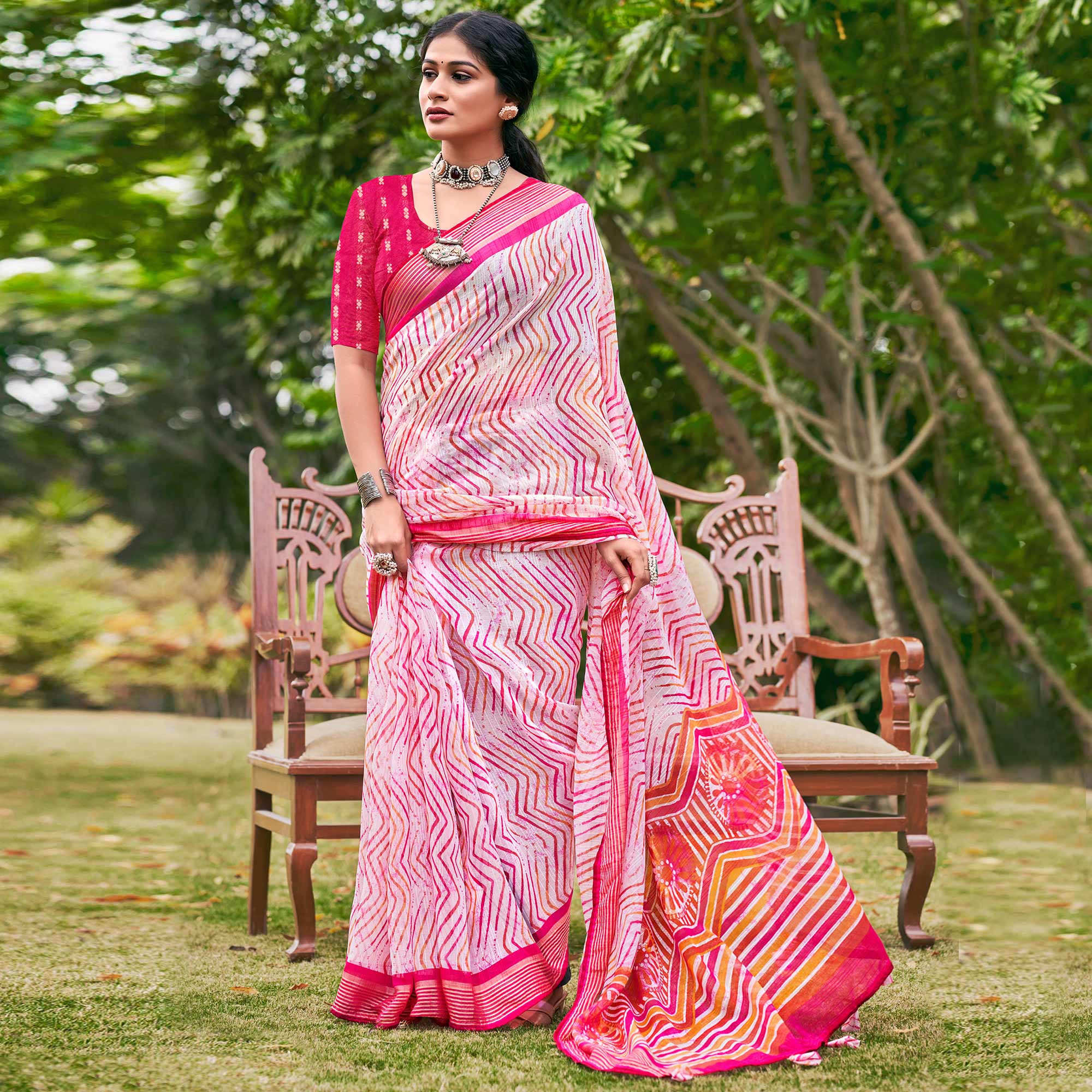 Pink Leheriya Printed Chiffon Saree
