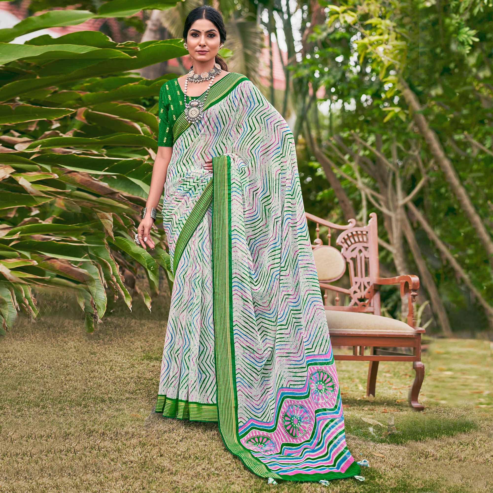 Green Leheriya Printed Chiffon Saree