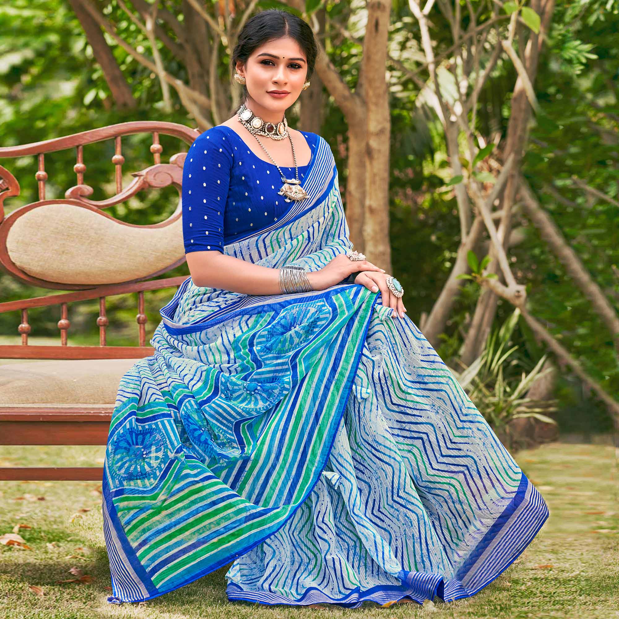 Blue Leheriya Printed Chiffon Saree