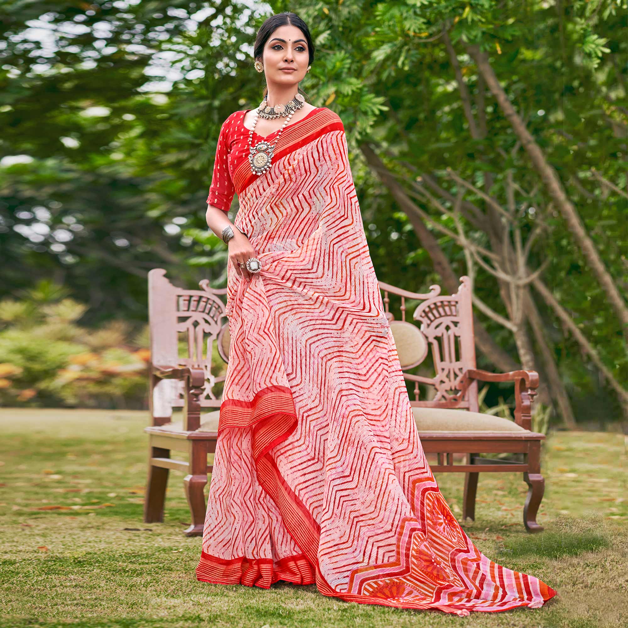 Red Leheriya Printed Chiffon Saree
