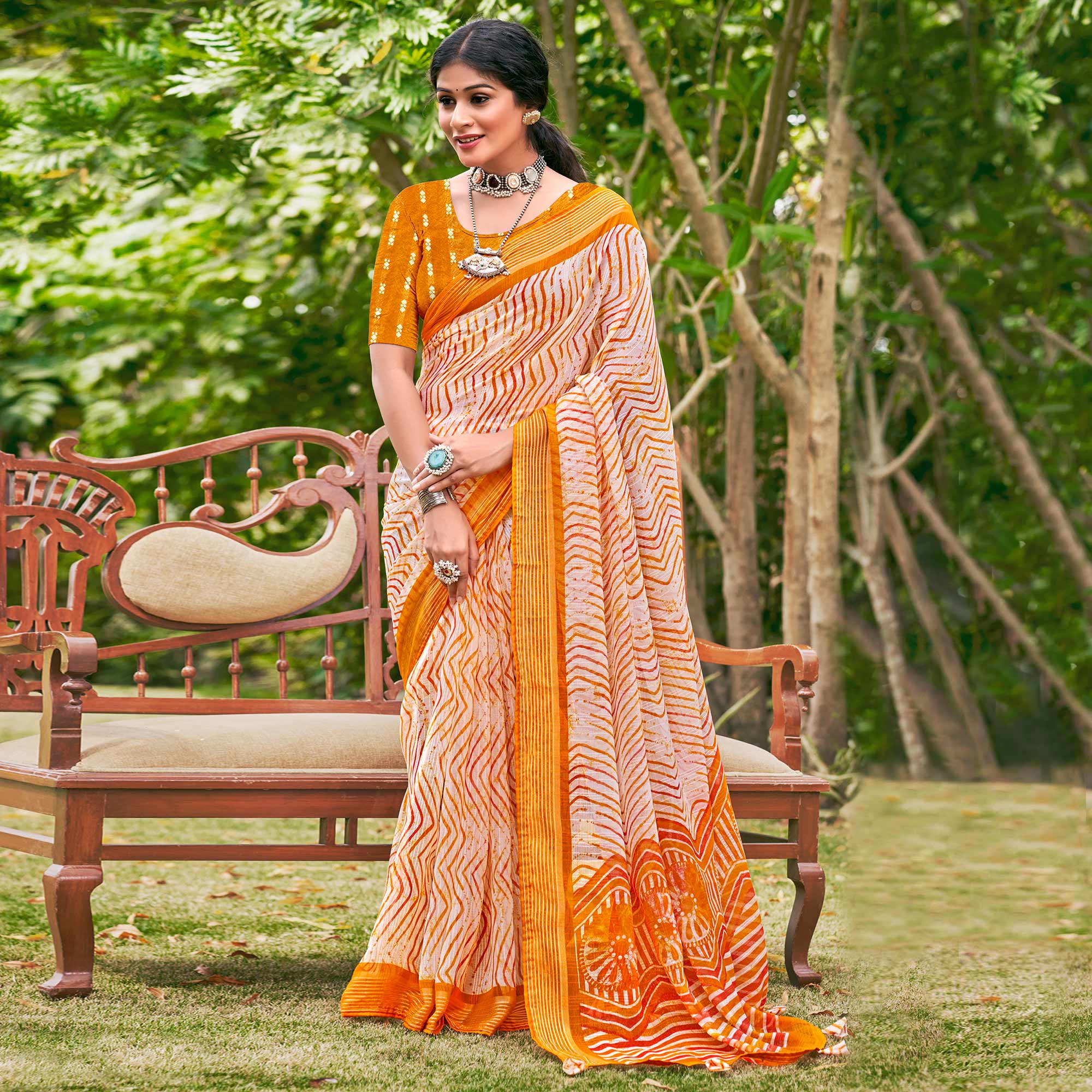 Mustard Leheriya Printed Chiffon Saree