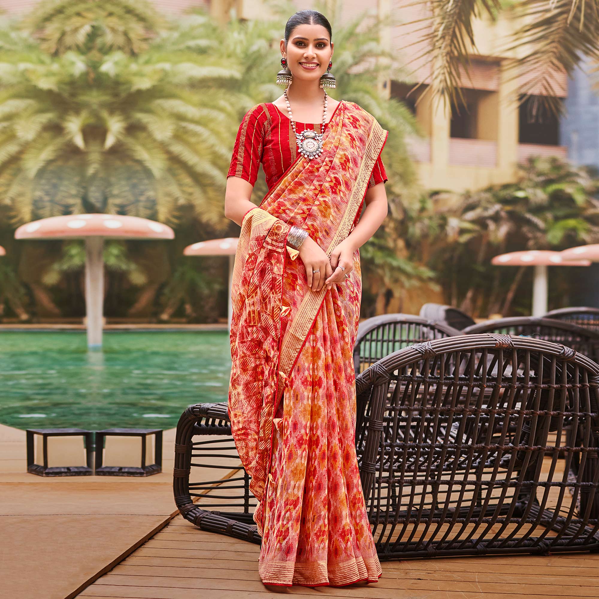 Red Abstract Printed Chiffon Saree