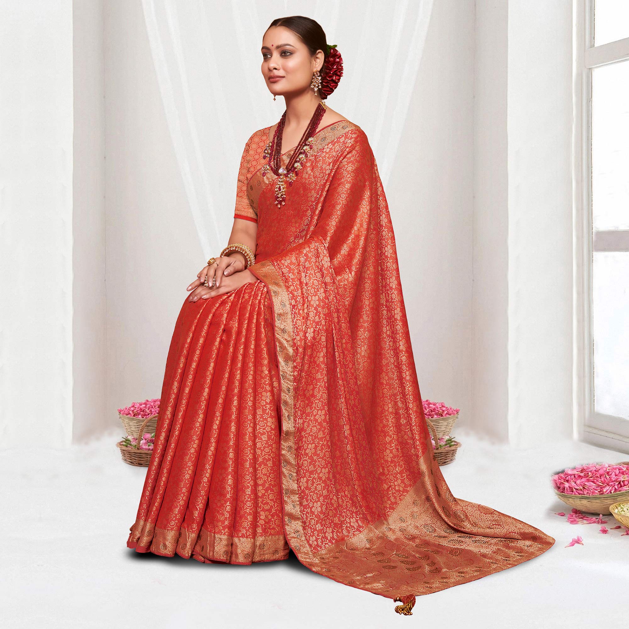 Red Floral Zari Work Pure Silk Saree With Tassels