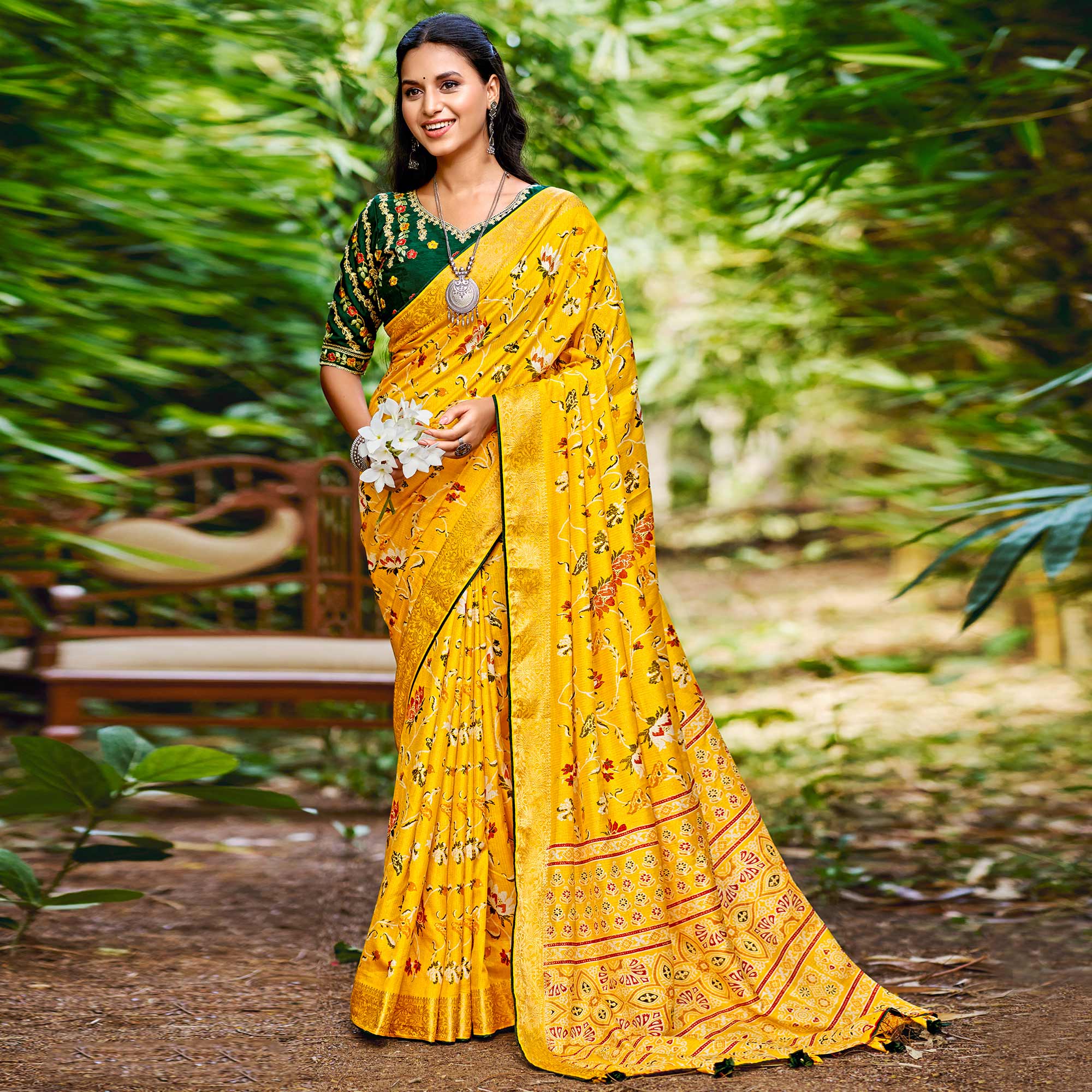 Yellow Floral Woven Dola Silk Saree With Tassels