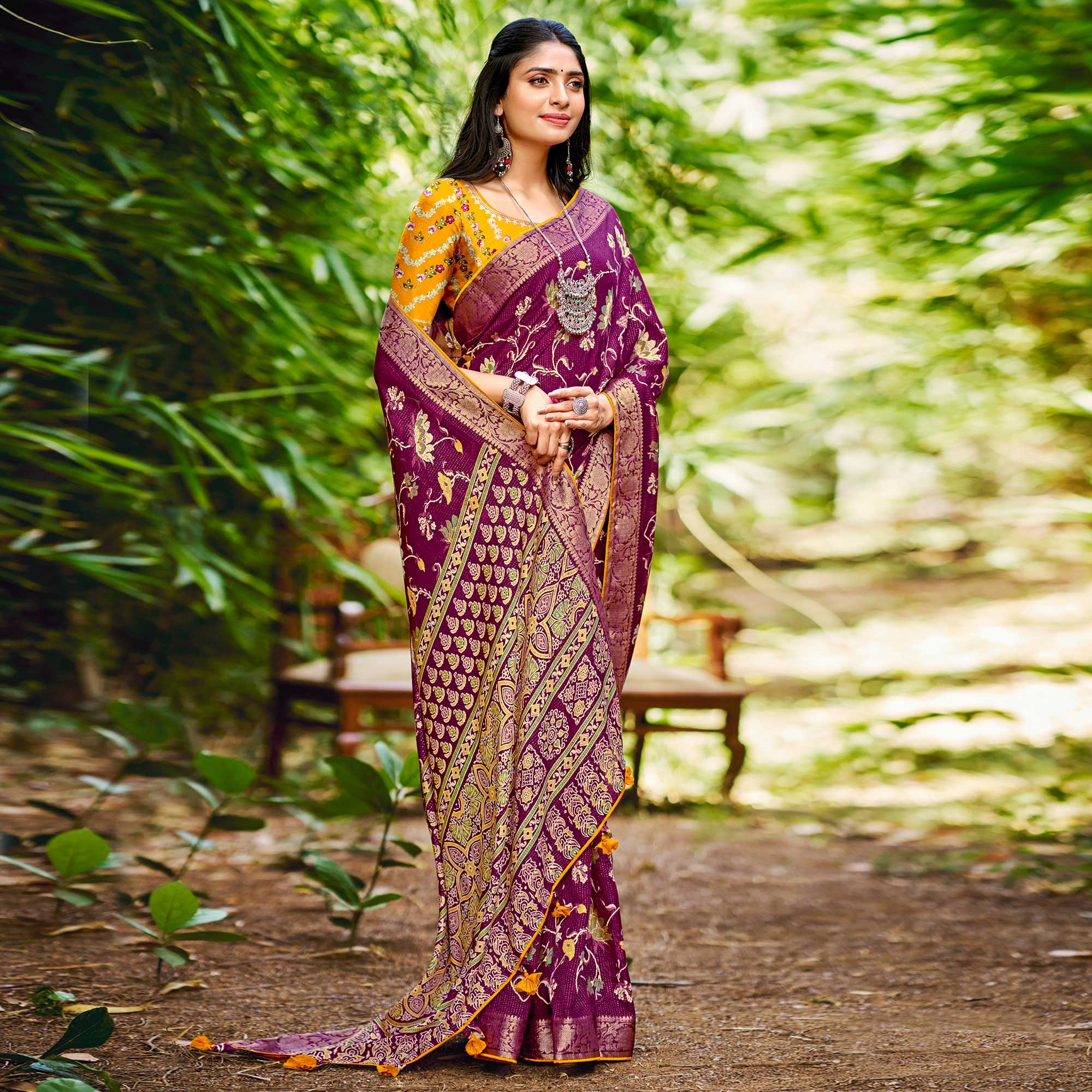 Purple Floral Woven Dola Silk Saree With Tassels