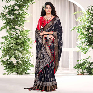 Black Floral Printed Dola Silk Saree