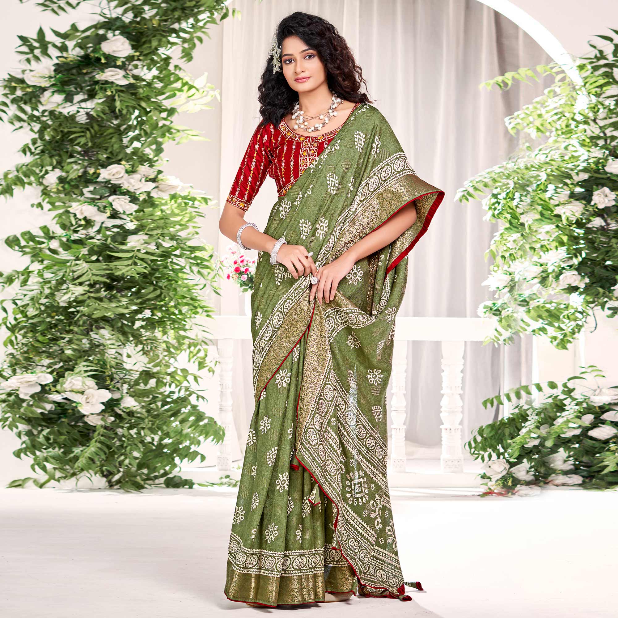 Green Floral Printed Dola Silk Saree