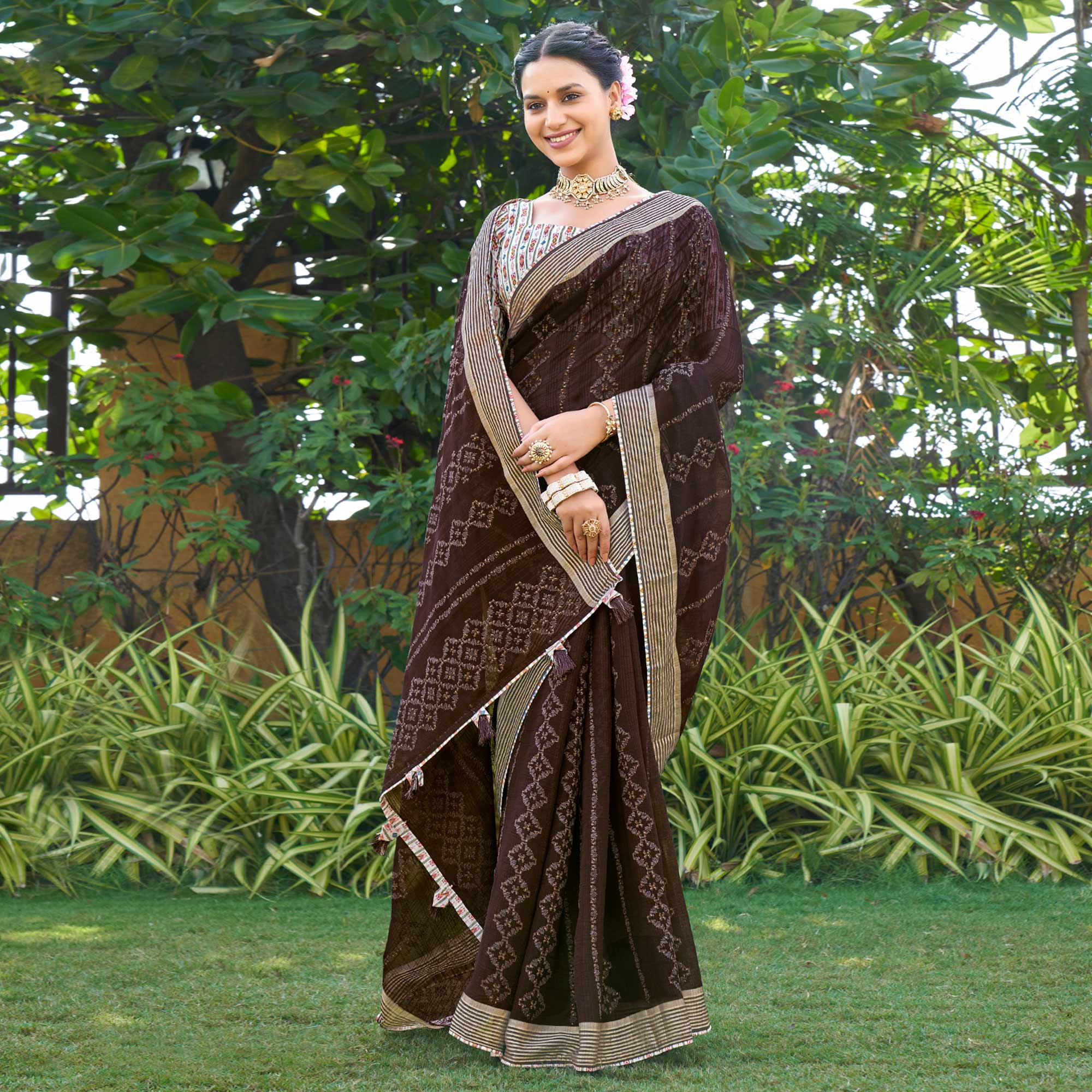 Brown Printed Chiffon Saree