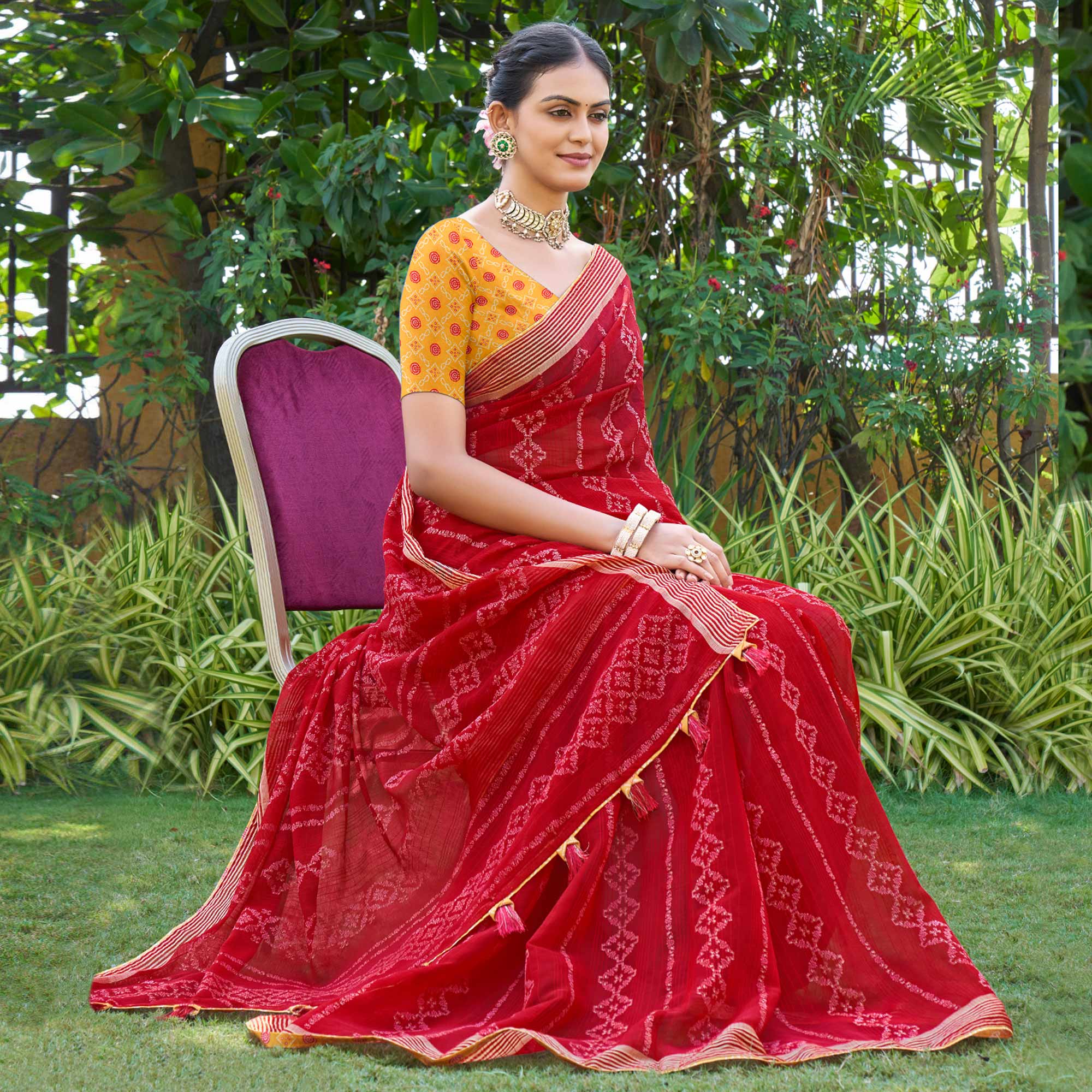 Red Printed Chiffon Saree