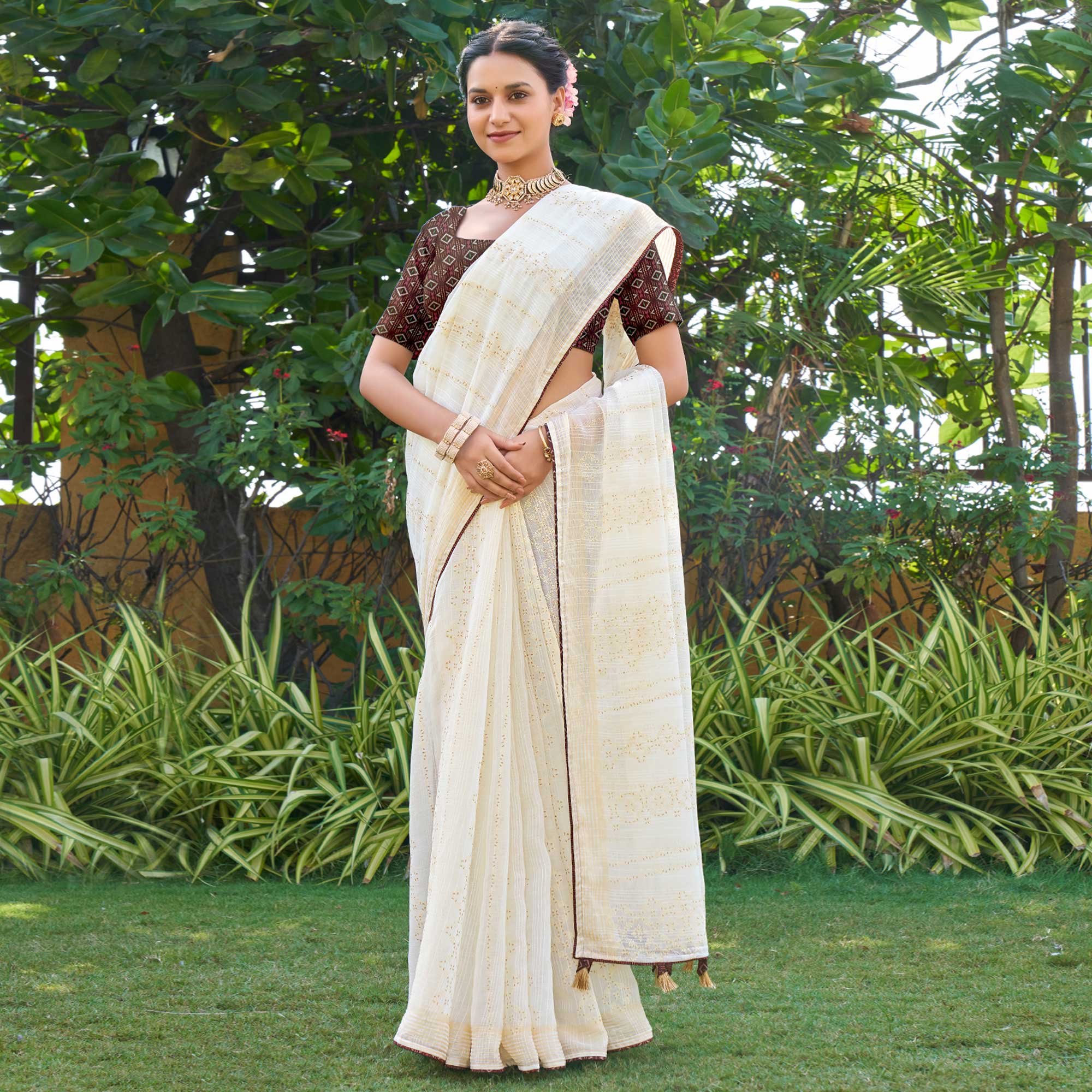 Off White Printed Chiffon Saree