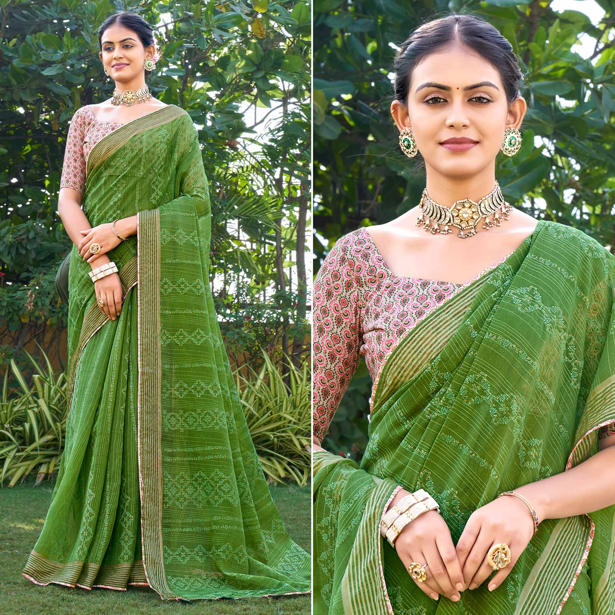 Green Printed Chiffon Saree