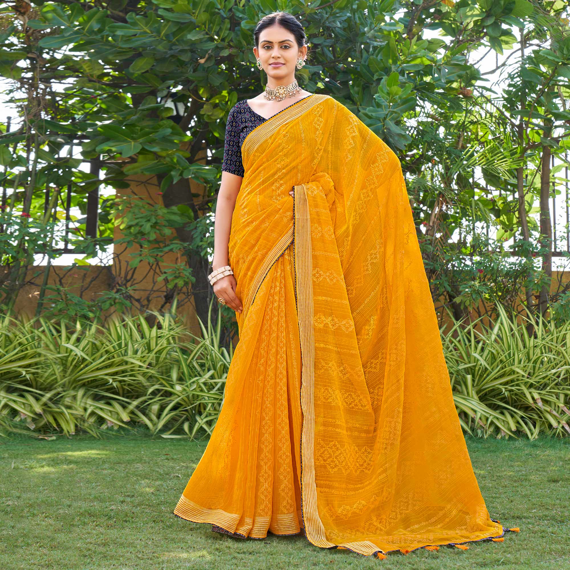 Mustard Printed Chiffon Saree