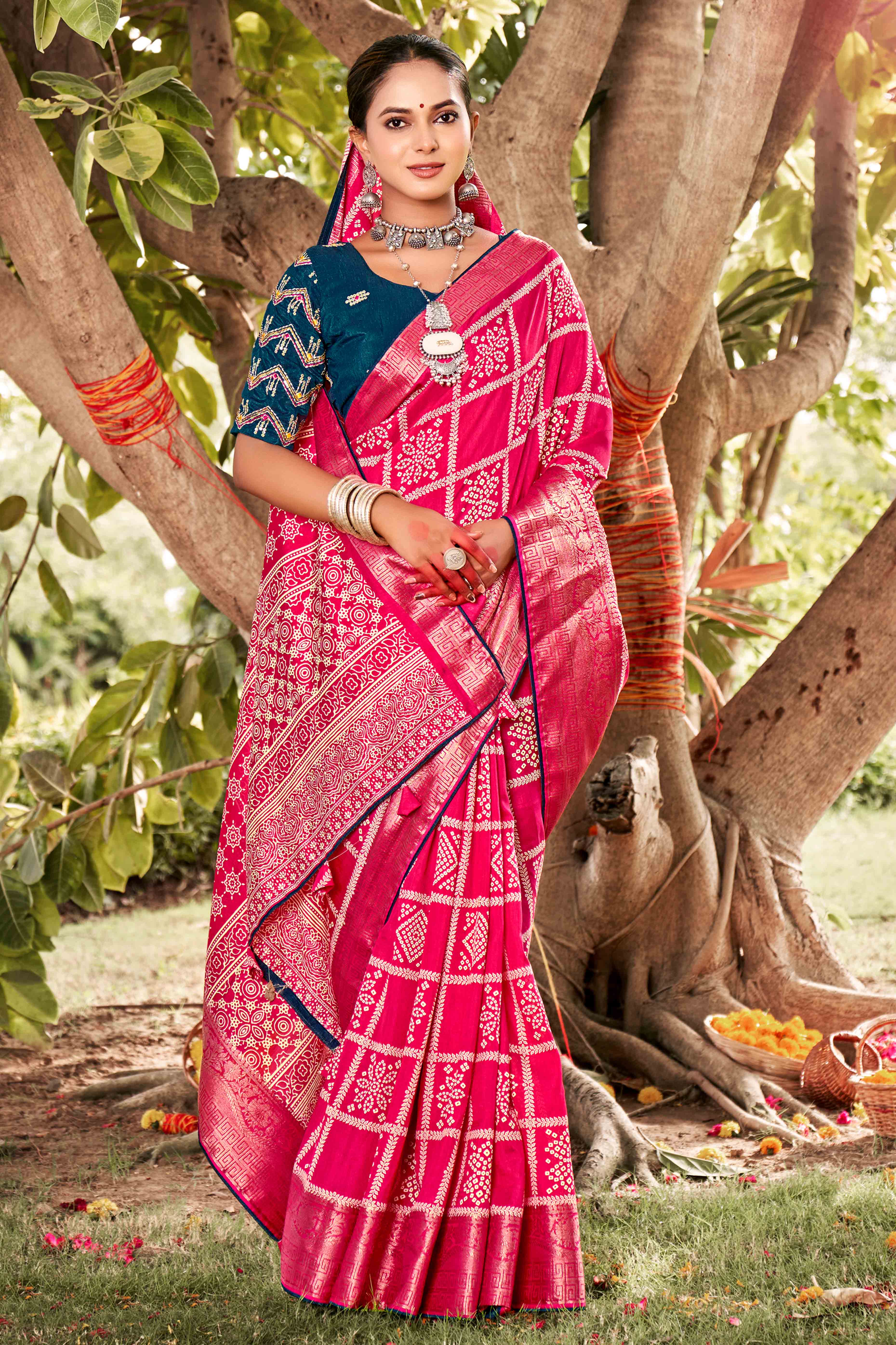 Rani Pink Bandhani Printed Dola Silk Saree With Jacquard Border