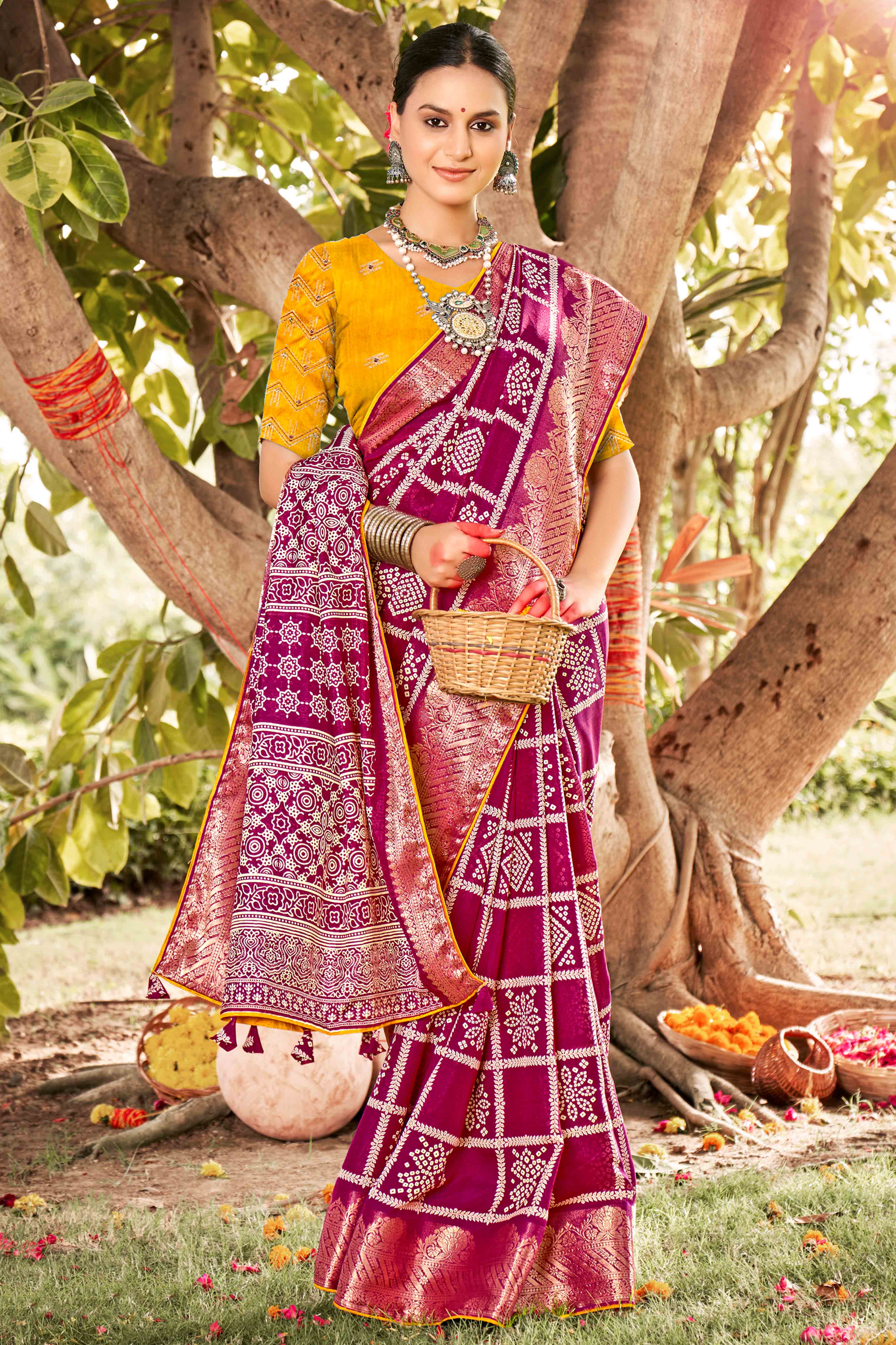 Magenta Bandhani Printed Dola Silk Saree With Jacquard Border