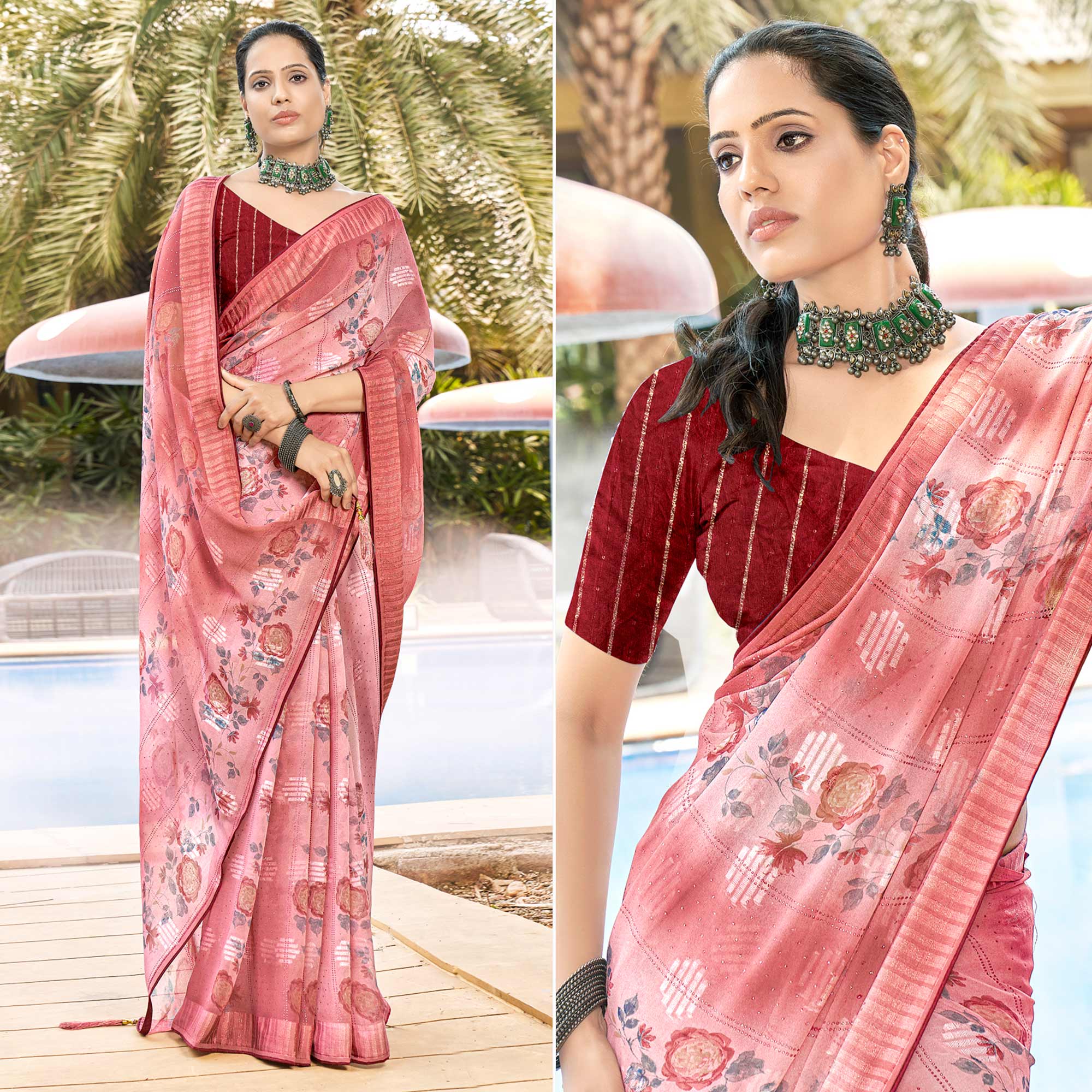 Red Printed Georgette Saree With Swarovski Work