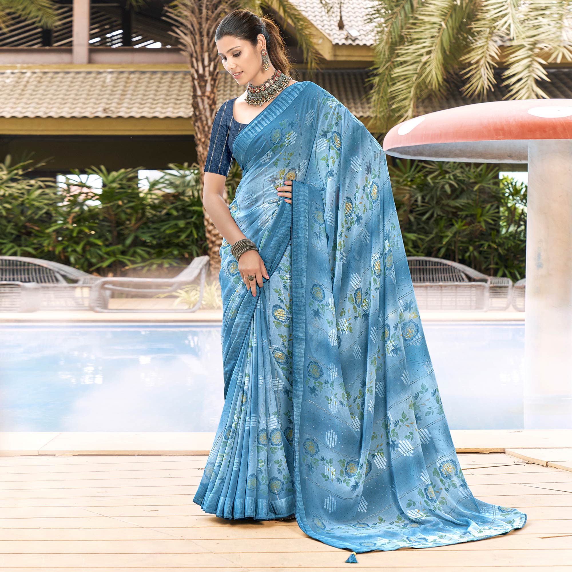 Blue Printed Georgette Saree With Swarovski Work