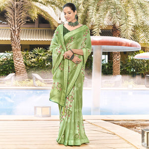 Green Printed Georgette Saree With Swarovski Work